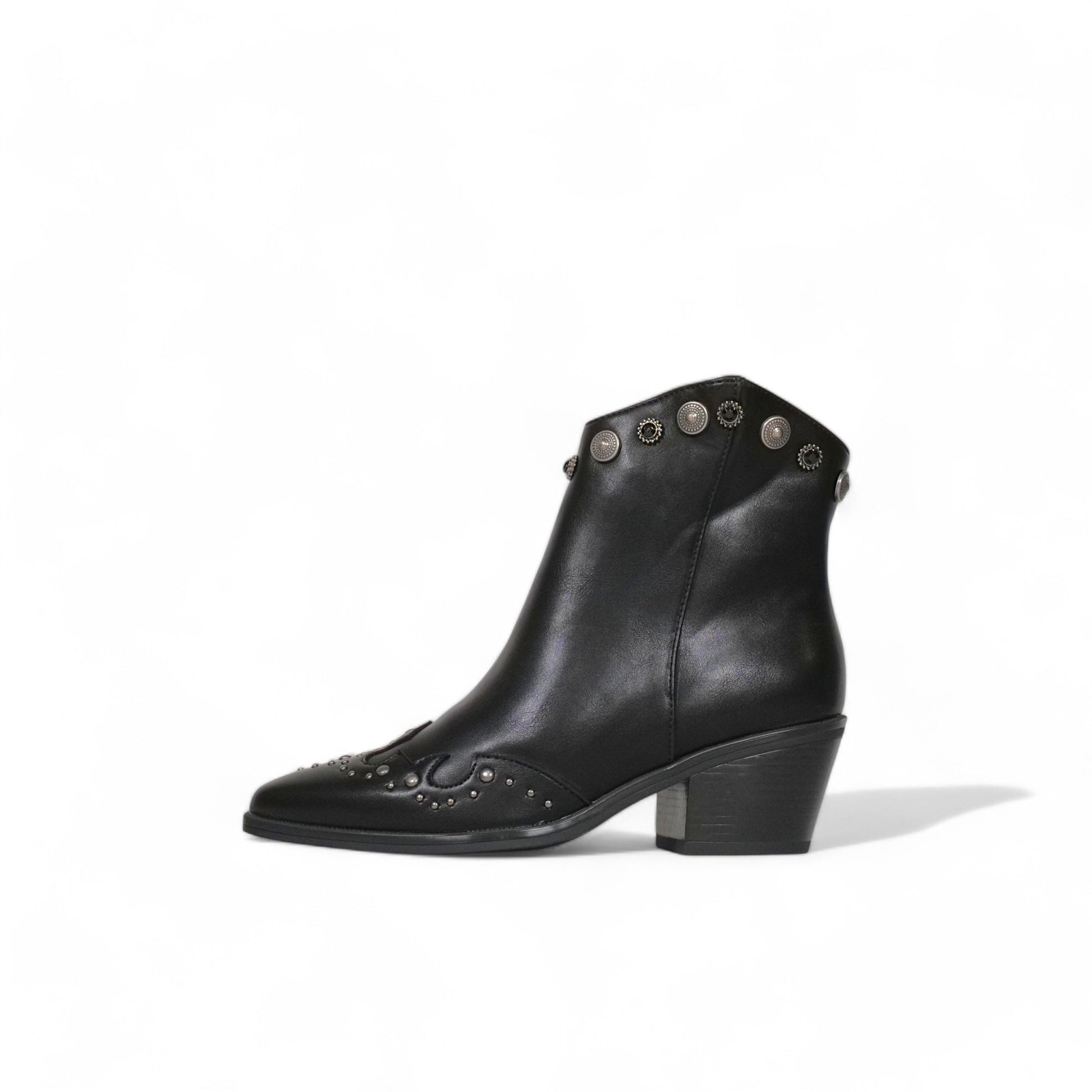 Botines cowboy de mujer estilo western con punta fina, tacón medio y tachuelas metálicas