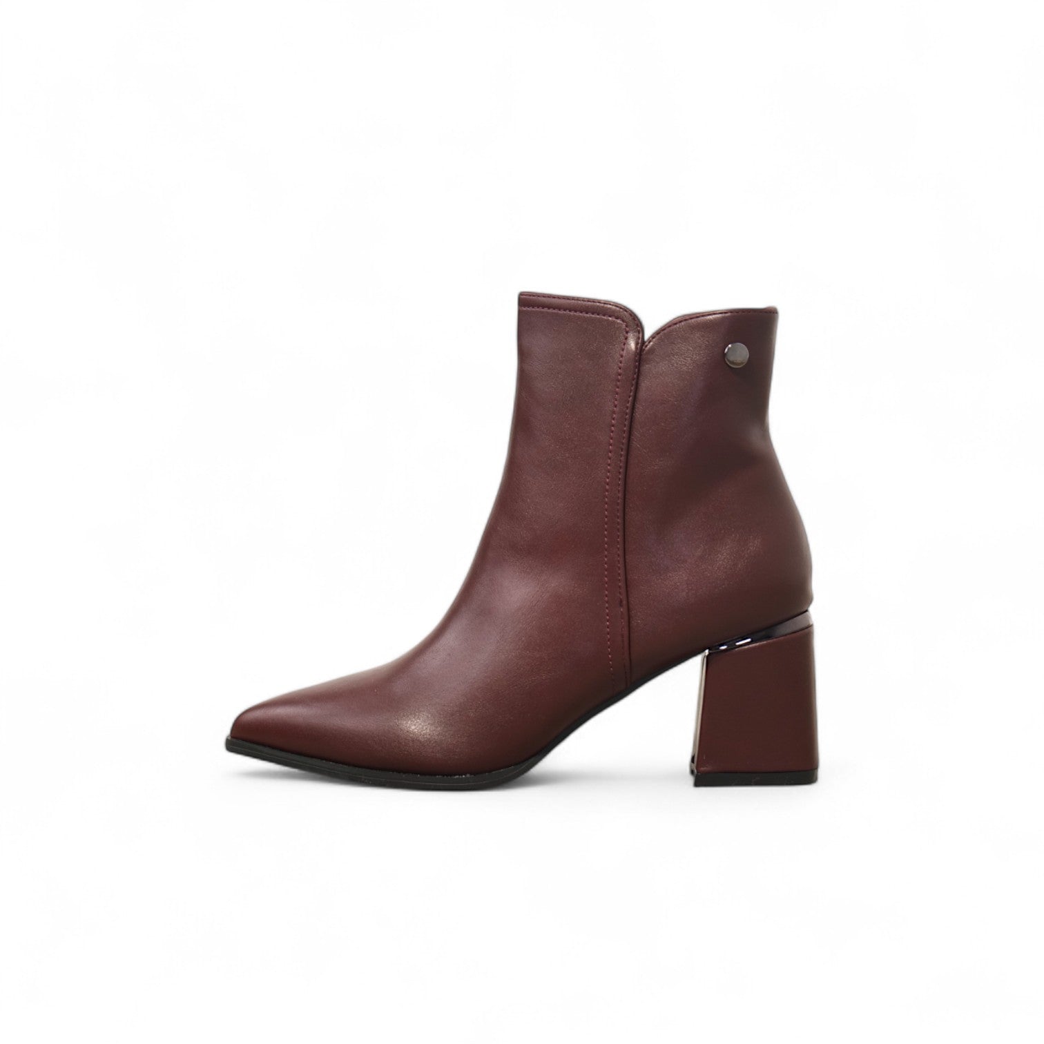 Botines de mujer elegantes punta fina tacón bloque medio cómodos de vestir en polipiel disponibles en negro y vino tinto, perfectos para looks casuales y formales
