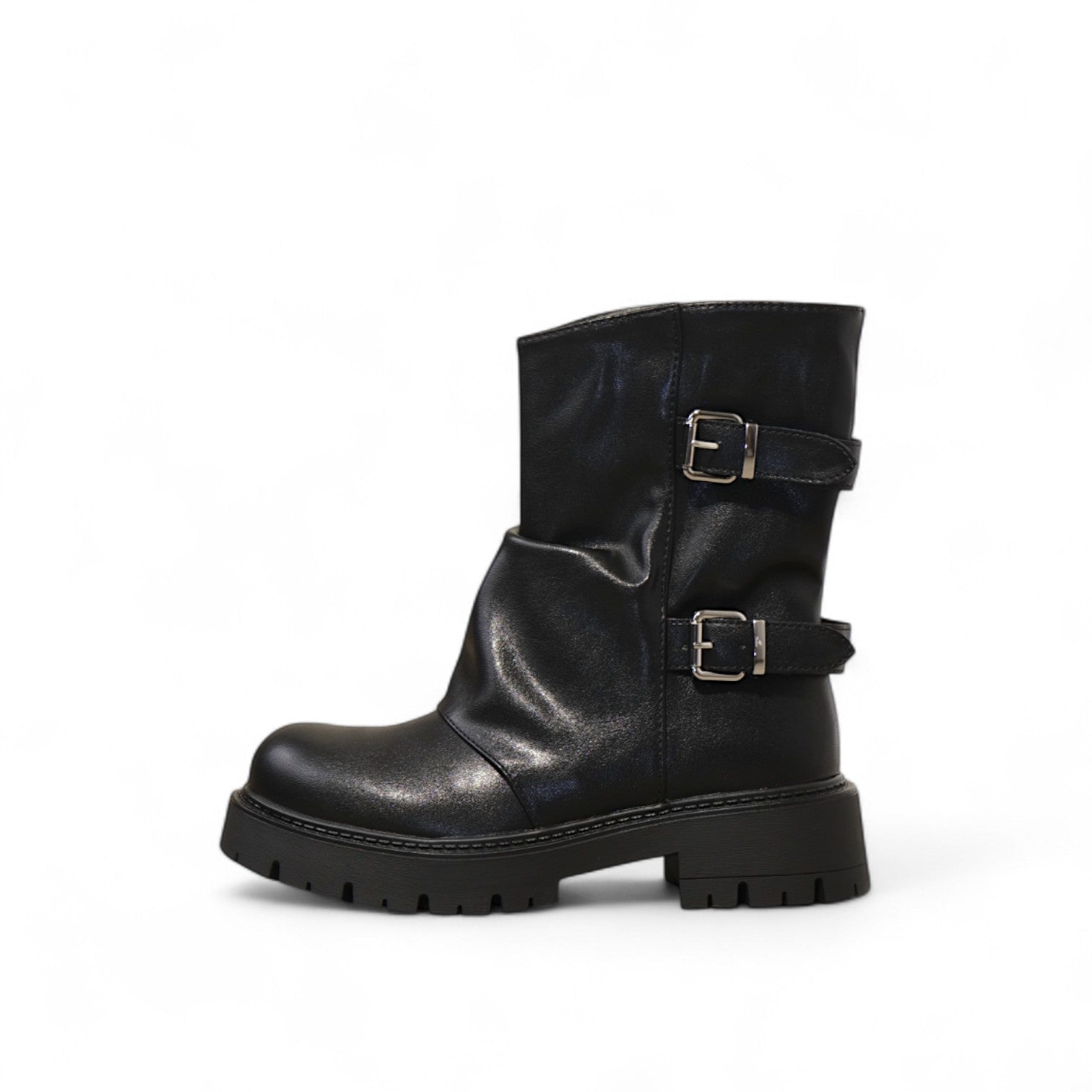 Botines biker de mujer media caña con doble hebilla y suela track