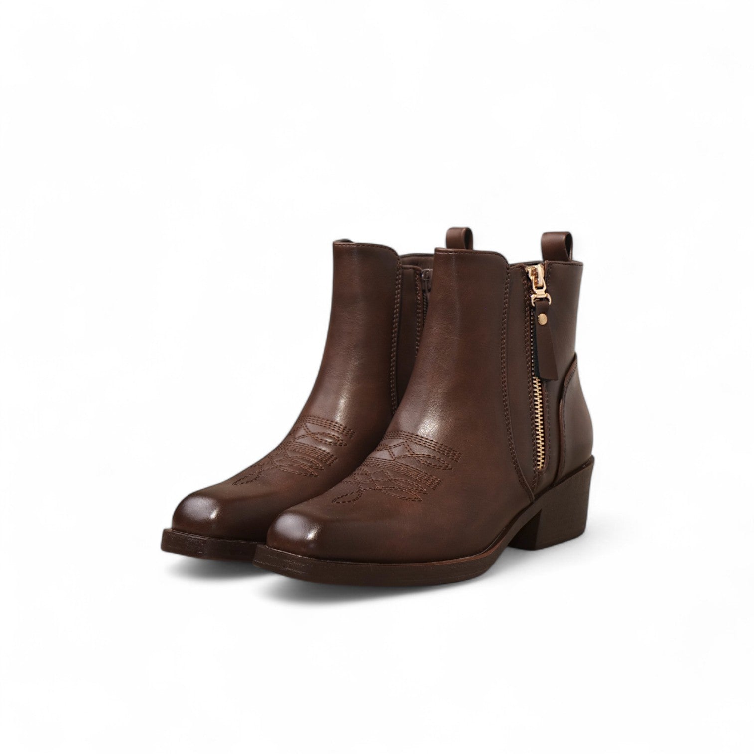 Botines cowboy de mujer con bordado y cierre lateral, estilo western cómodo con tacón bajo