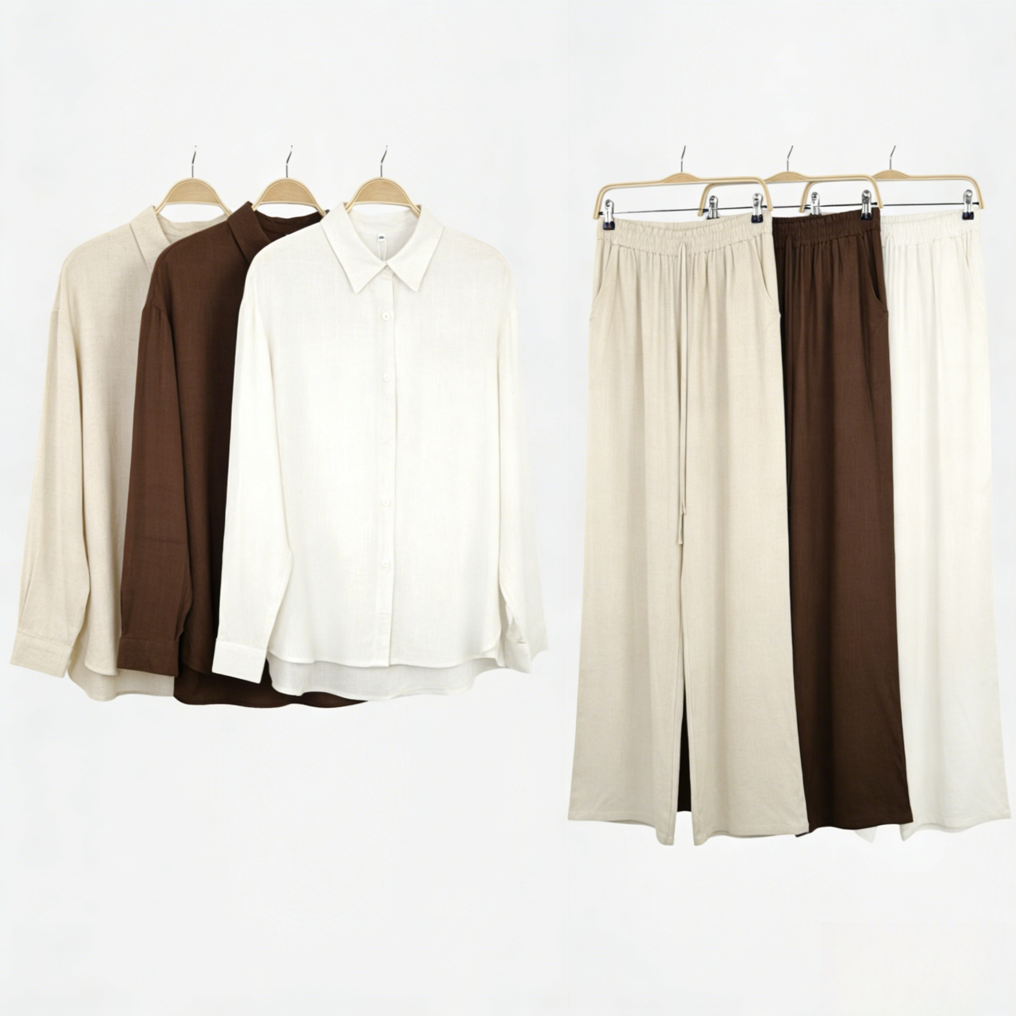 Conjunto mujer lino camisa manga larga y pantalón palazzo ancho cintura elástica, set dos piezas elegante casual holgado minimalista outfit verano cómodo estilo classy moda femenina