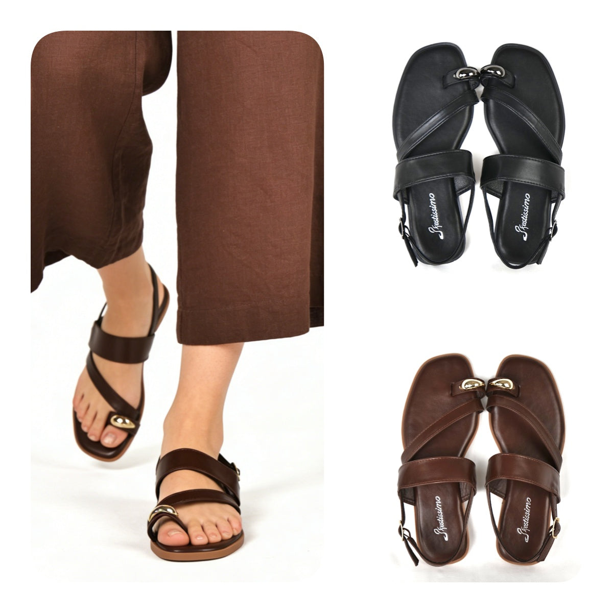 Sandalias planas para mujer con tiras cruzadas y detalle metálico decorativo, sandalias minimalistas con pulsera trasera y hebilla ajustable en cuero sintético, sandalias elegantes de verano para looks casuales y diario