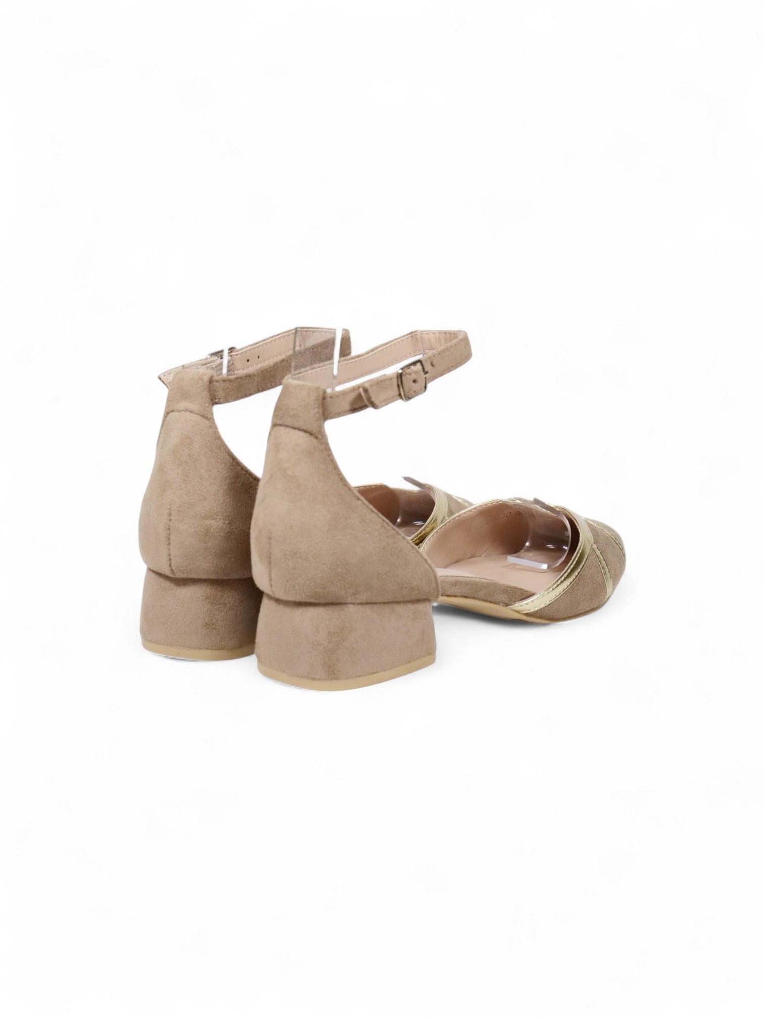 Zapatos bajos terciopelos elegantes para mujer con pulsera al tobillo y detalles metálicos – Bailarinas de tacón cuadrado en beige y negro