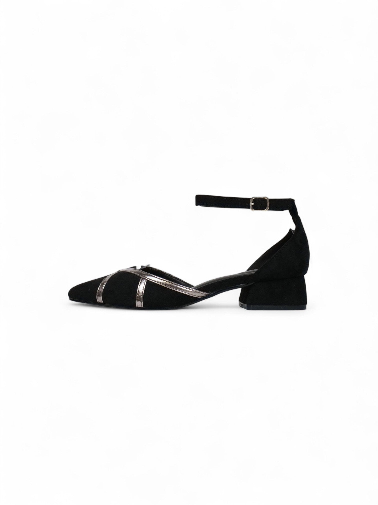 Zapatos bajos terciopelos elegantes para mujer con pulsera al tobillo y detalles metálicos – Bailarinas de tacón cuadrado en beige y negro