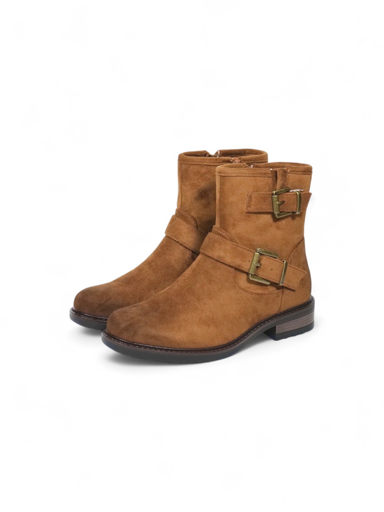 Botines biker para mujer de gamuza con doble hebilla y tacón bajo – Botas estilo moteras disponibles en camel, beige y negro
