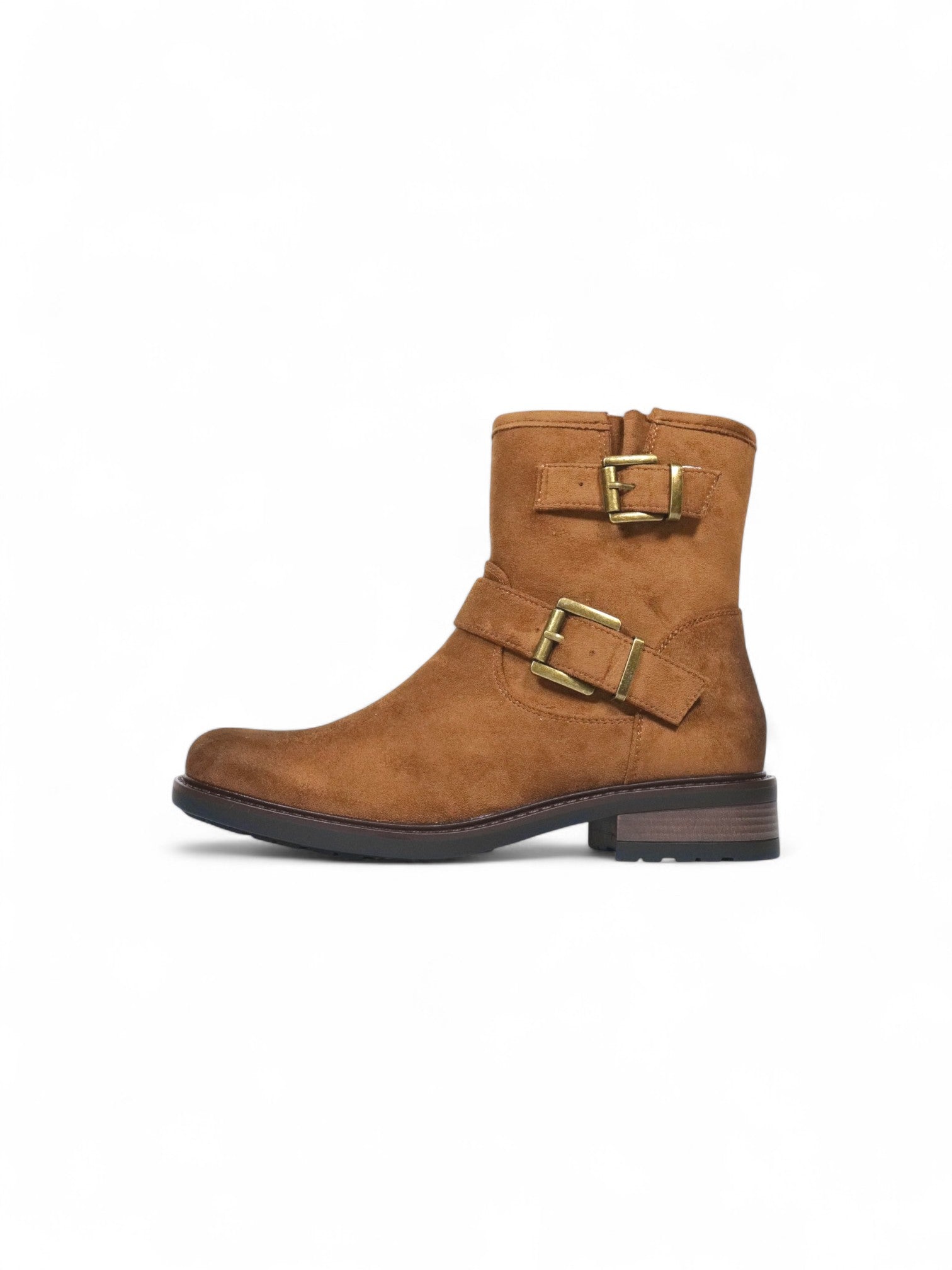 Botines biker para mujer de gamuza con doble hebilla y tacón bajo – Botas estilo moteras disponibles en camel, beige y negro