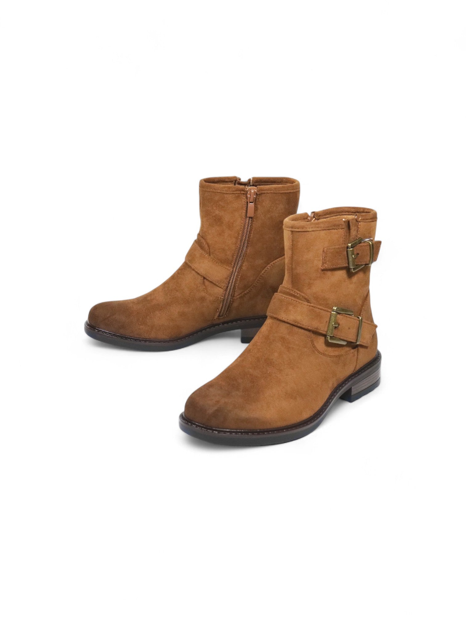 Botines biker para mujer de gamuza con doble hebilla y tacón bajo – Botas estilo moteras disponibles en camel, beige y negro