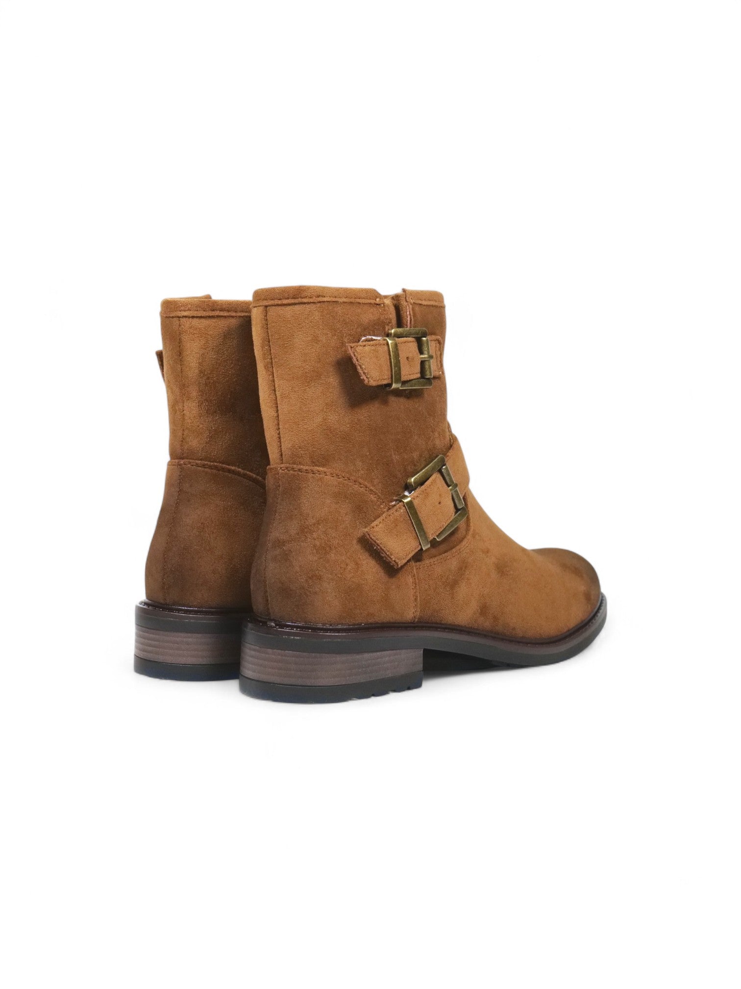 Botines biker para mujer de gamuza con doble hebilla y tacón bajo – Botas estilo moteras disponibles en camel, beige y negro