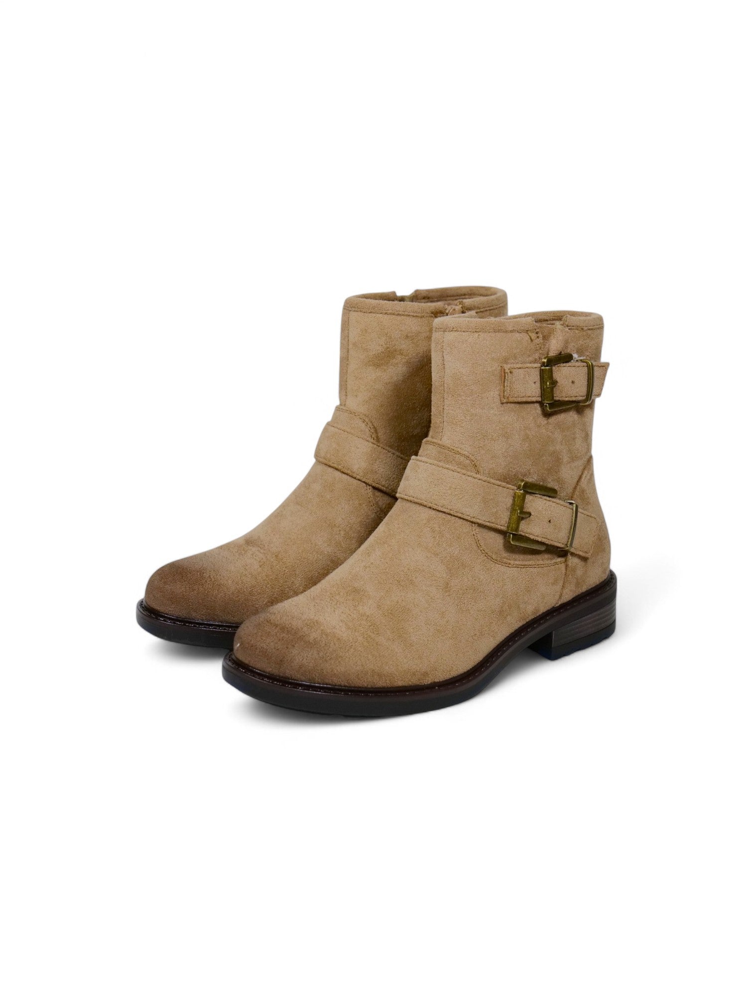 Botines biker para mujer de gamuza con doble hebilla y tacón bajo – Botas estilo moteras disponibles en camel, beige y negro
