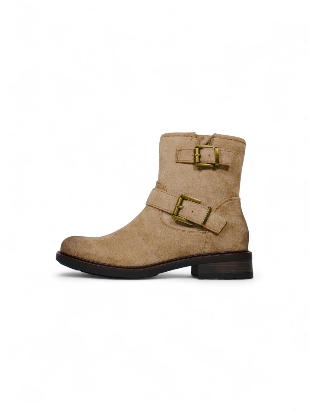 Botines biker para mujer de gamuza con doble hebilla y tacón bajo – Botas estilo moteras disponibles en camel, beige y negro