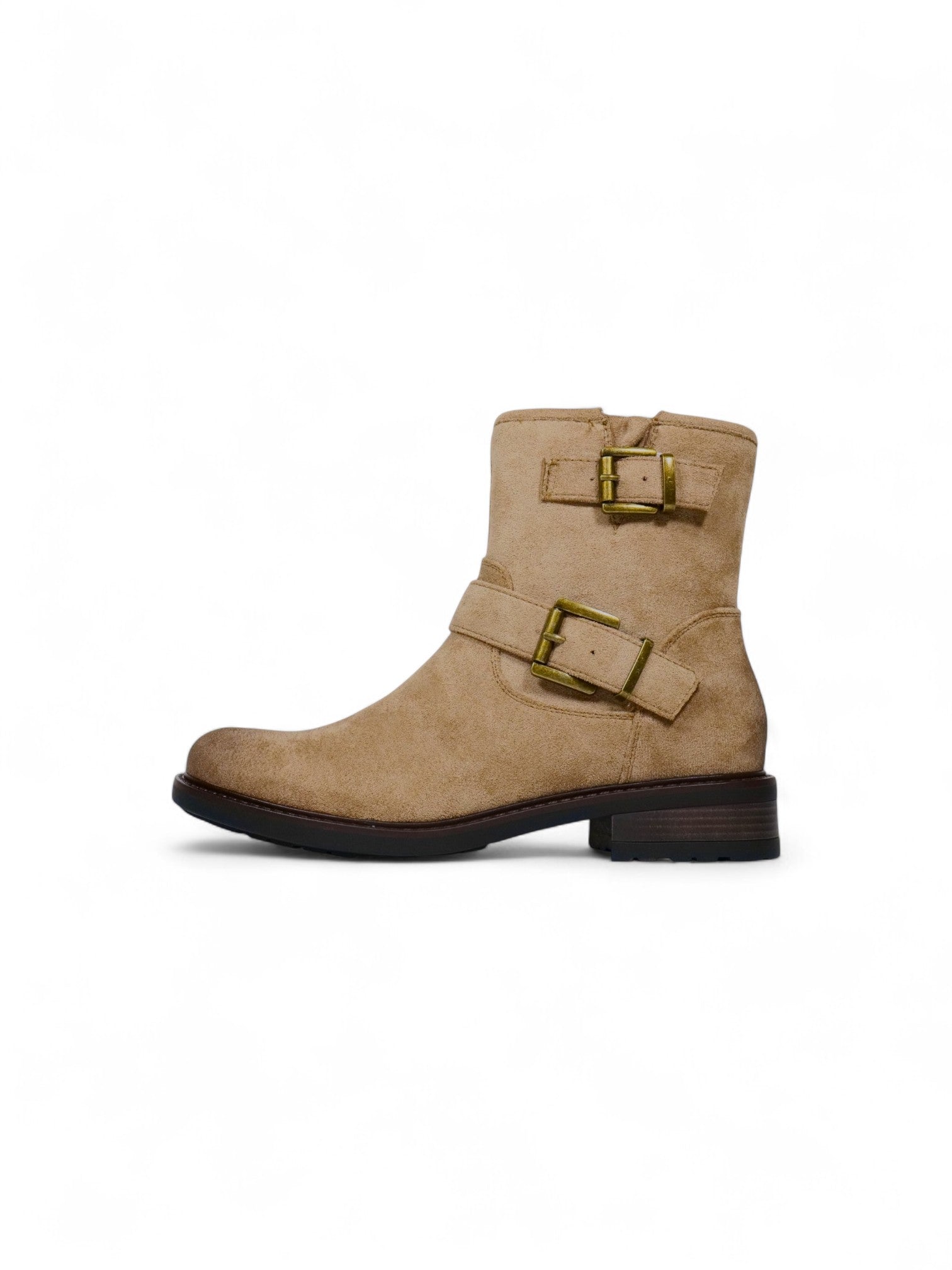 Botines biker para mujer de gamuza con doble hebilla y tacón bajo – Botas estilo moteras disponibles en camel, beige y negro