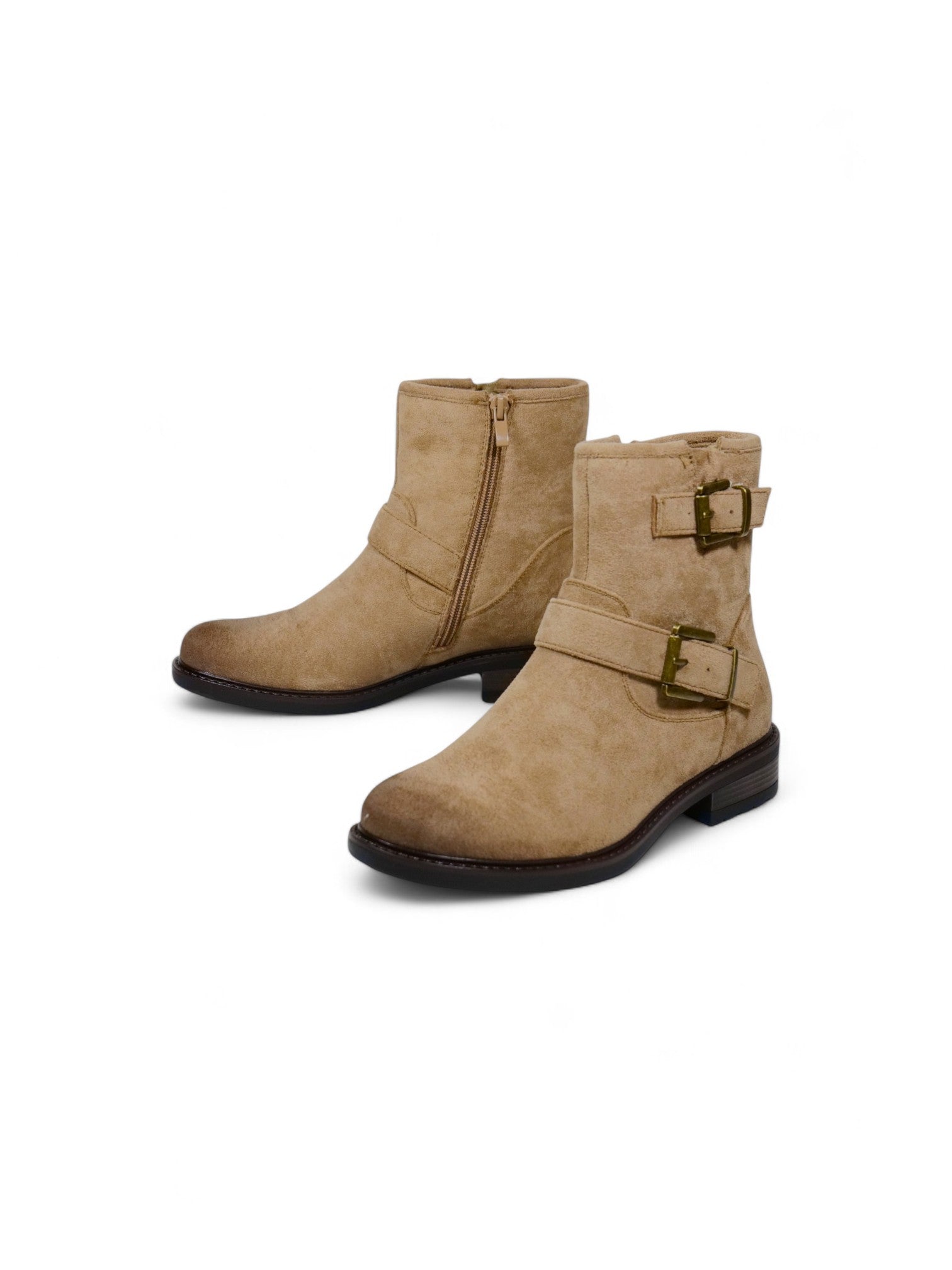 Botines biker para mujer de gamuza con doble hebilla y tacón bajo – Botas estilo moteras disponibles en camel, beige y negro