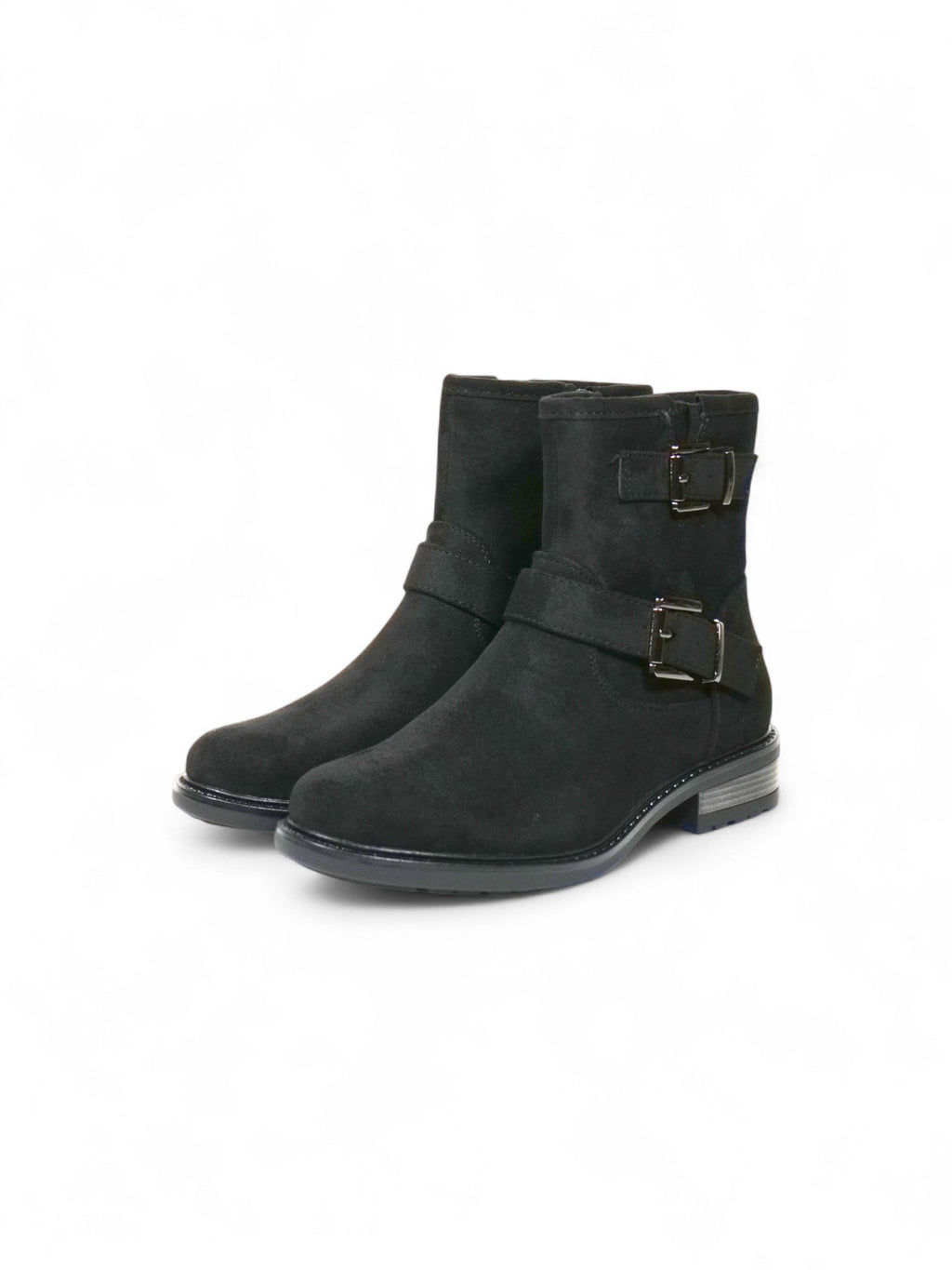 Botines biker para mujer de gamuza con doble hebilla y tacón bajo – Botas estilo moteras disponibles en camel, beige y negro