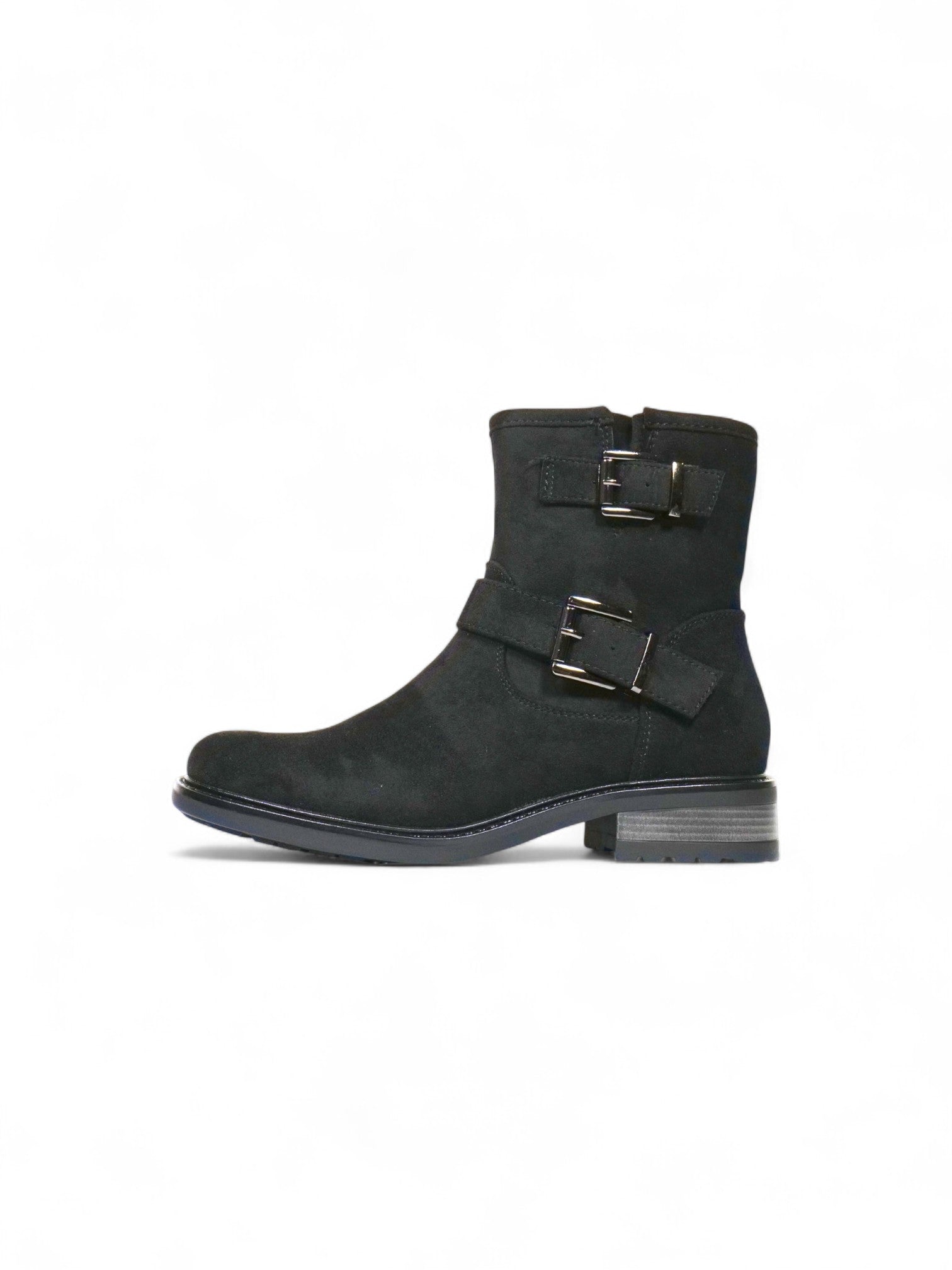 Botines biker para mujer de gamuza con doble hebilla y tacón bajo – Botas estilo moteras disponibles en camel, beige y negro
