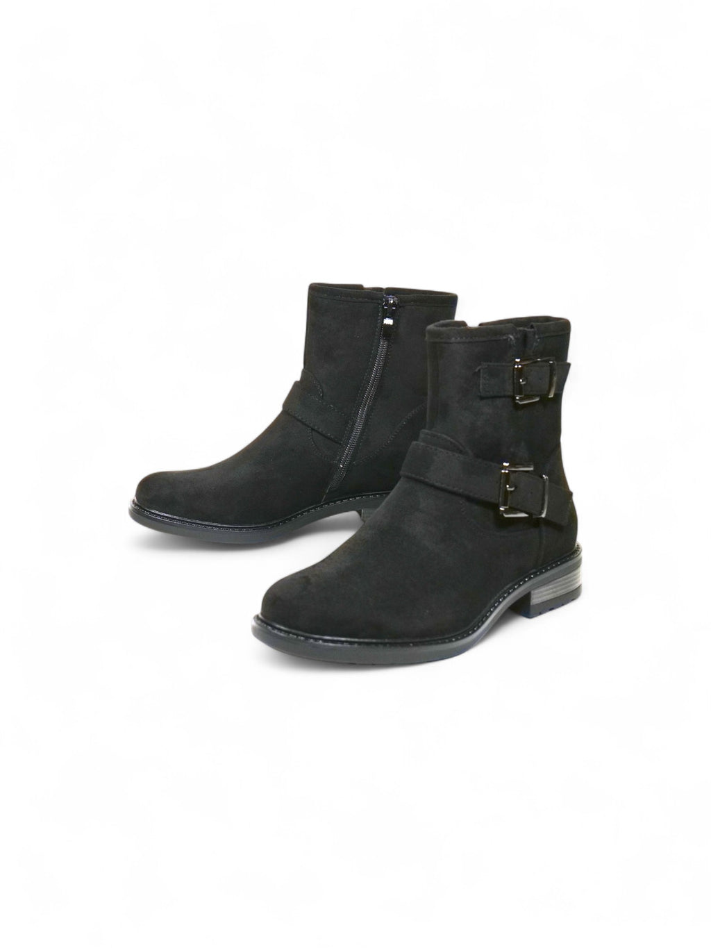 Botines biker para mujer de gamuza con doble hebilla y tacón bajo – Botas estilo moteras disponibles en camel, beige y negro