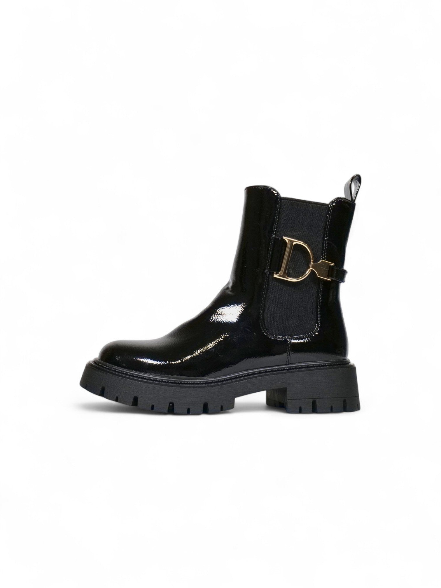Botines Chelsea de charol para mujer con suela chunky y detalle metálico dorado – Botas negras modernas y cómodas