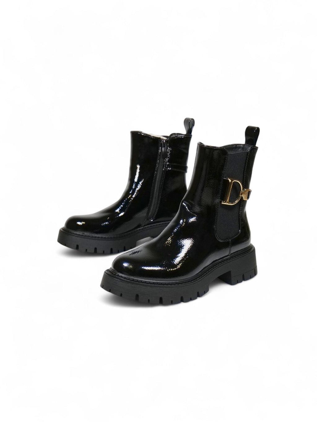 Botines Chelsea de charol para mujer con suela chunky y detalle metálico dorado – Botas negras modernas y cómodas