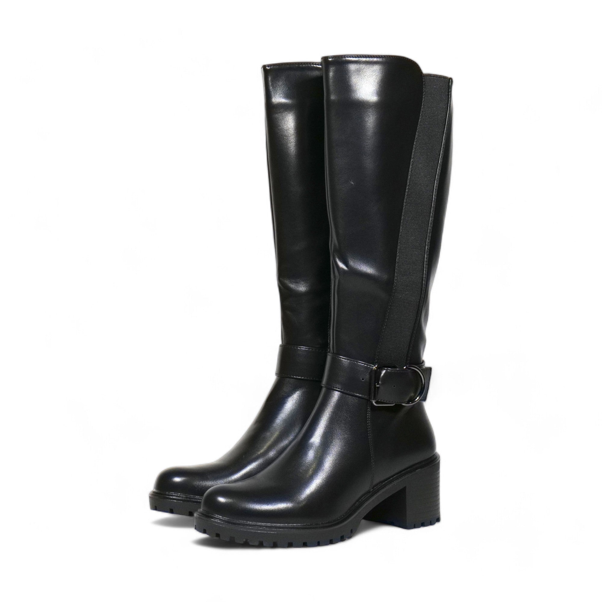 Botas altas ecuestres para mujer con tacón bloque y hebilla metálica – Calzado elegante en negro y marrón para invierno
