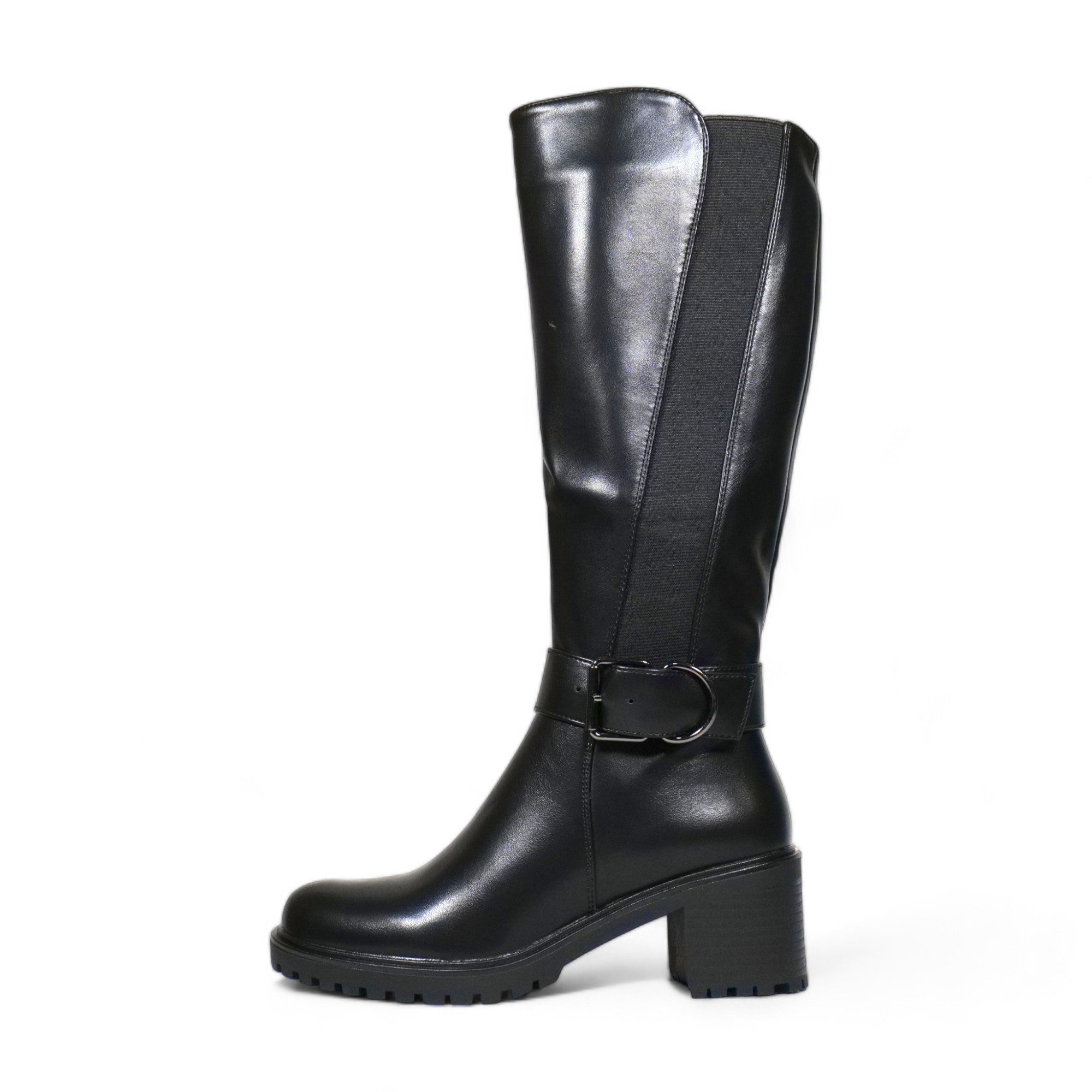 Botas altas ecuestres para mujer con tacón bloque y hebilla metálica – Calzado elegante en negro y marrón para invierno