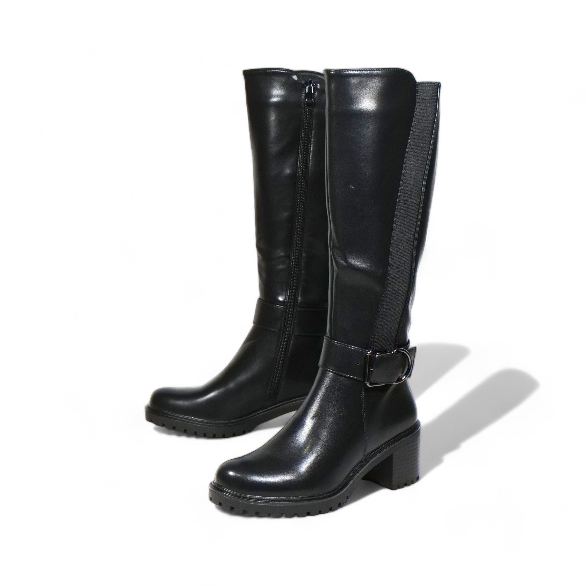 Botas altas ecuestres para mujer con tacón bloque y hebilla metálica – Calzado elegante en negro y marrón para invierno