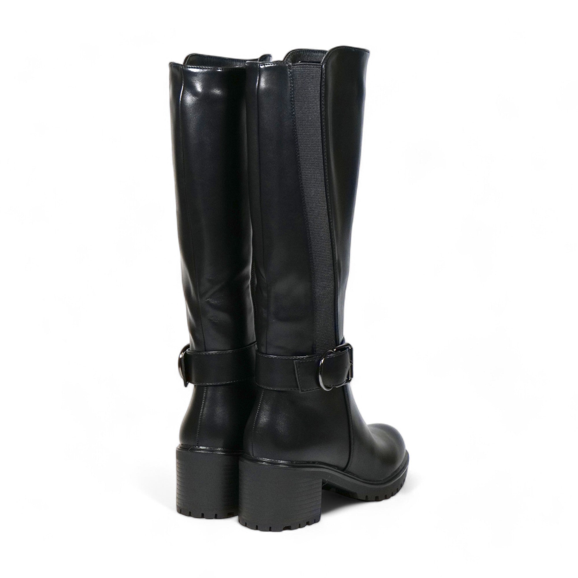 Botas altas ecuestres para mujer con tacón bloque y hebilla metálica – Calzado elegante en negro y marrón para invierno