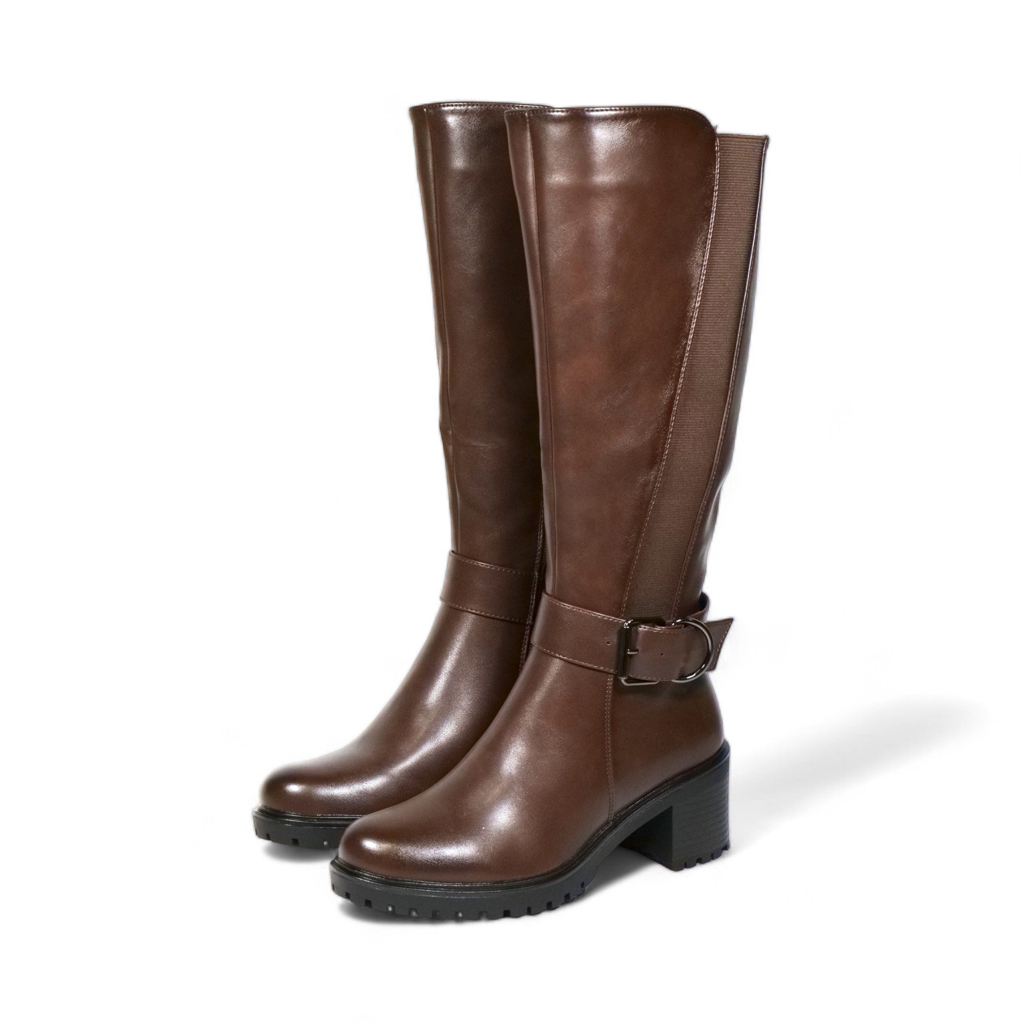 Botas altas ecuestres para mujer con tacón bloque y hebilla metálica – Calzado elegante en negro y marrón para invierno