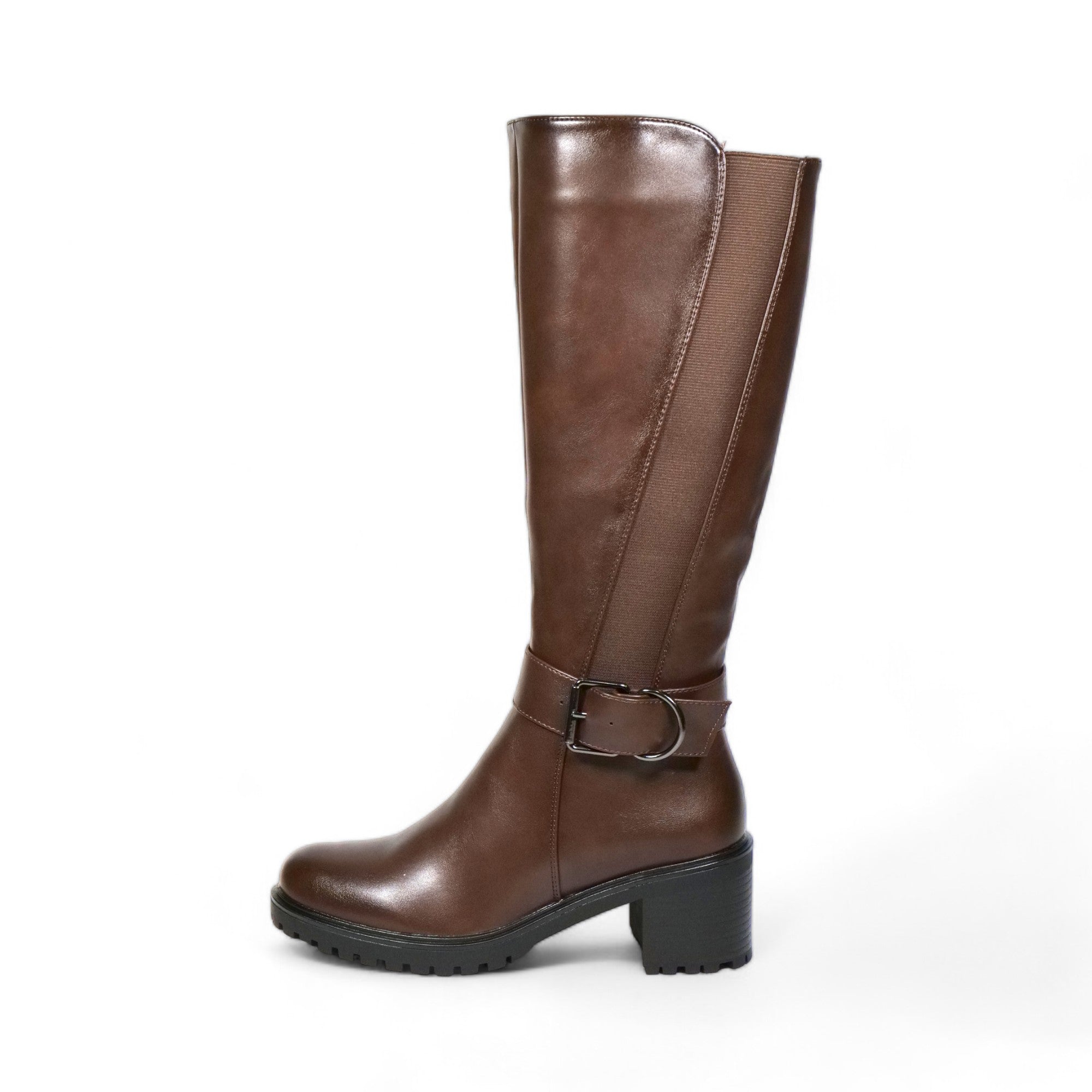 Botas altas ecuestres para mujer con tacón bloque y hebilla metálica – Calzado elegante en negro y marrón para invierno