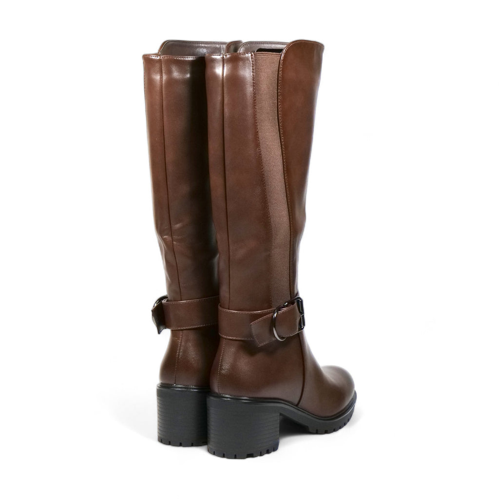 Botas altas ecuestres para mujer con tacón bloque y hebilla metálica – Calzado elegante en negro y marrón para invierno