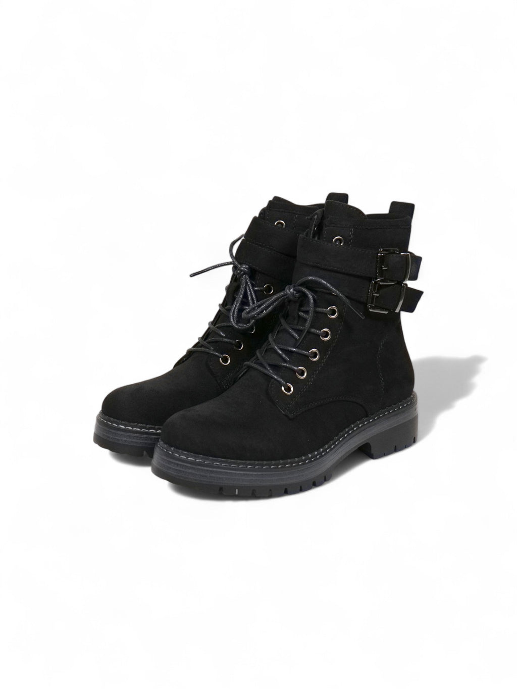 Botas combat de gamuza para mujer con cordones y doble hebilla – Botines militares modernos disponibles en negro y beige