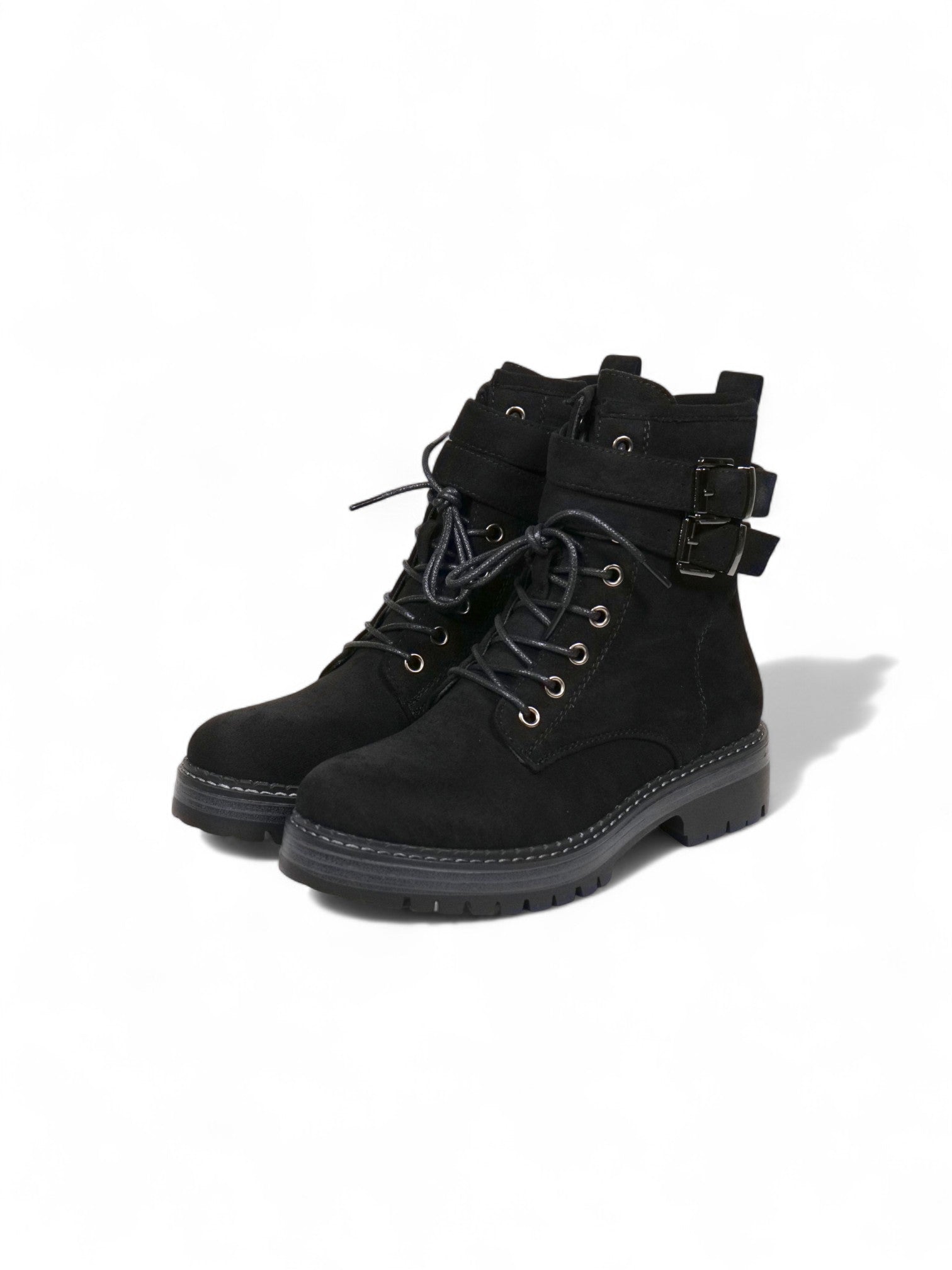 Botas combat de gamuza para mujer con cordones y doble hebilla – Botines militares modernos disponibles en negro y beige