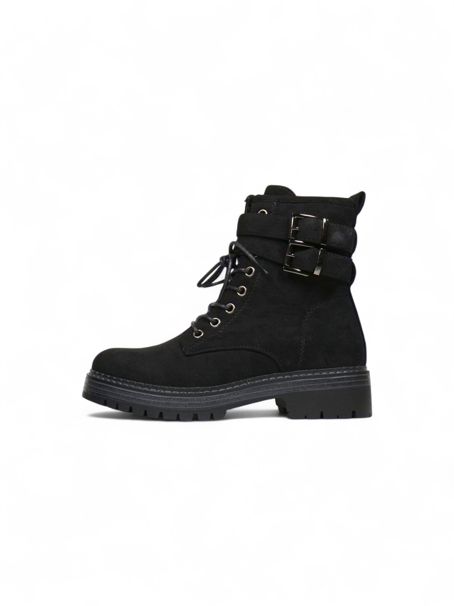 Botas combat de gamuza para mujer con cordones y doble hebilla – Botines militares modernos disponibles en negro y beige
