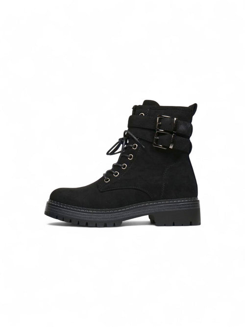 Botas combat de gamuza para mujer con cordones y doble hebilla – Botines militares modernos disponibles en negro y beige
