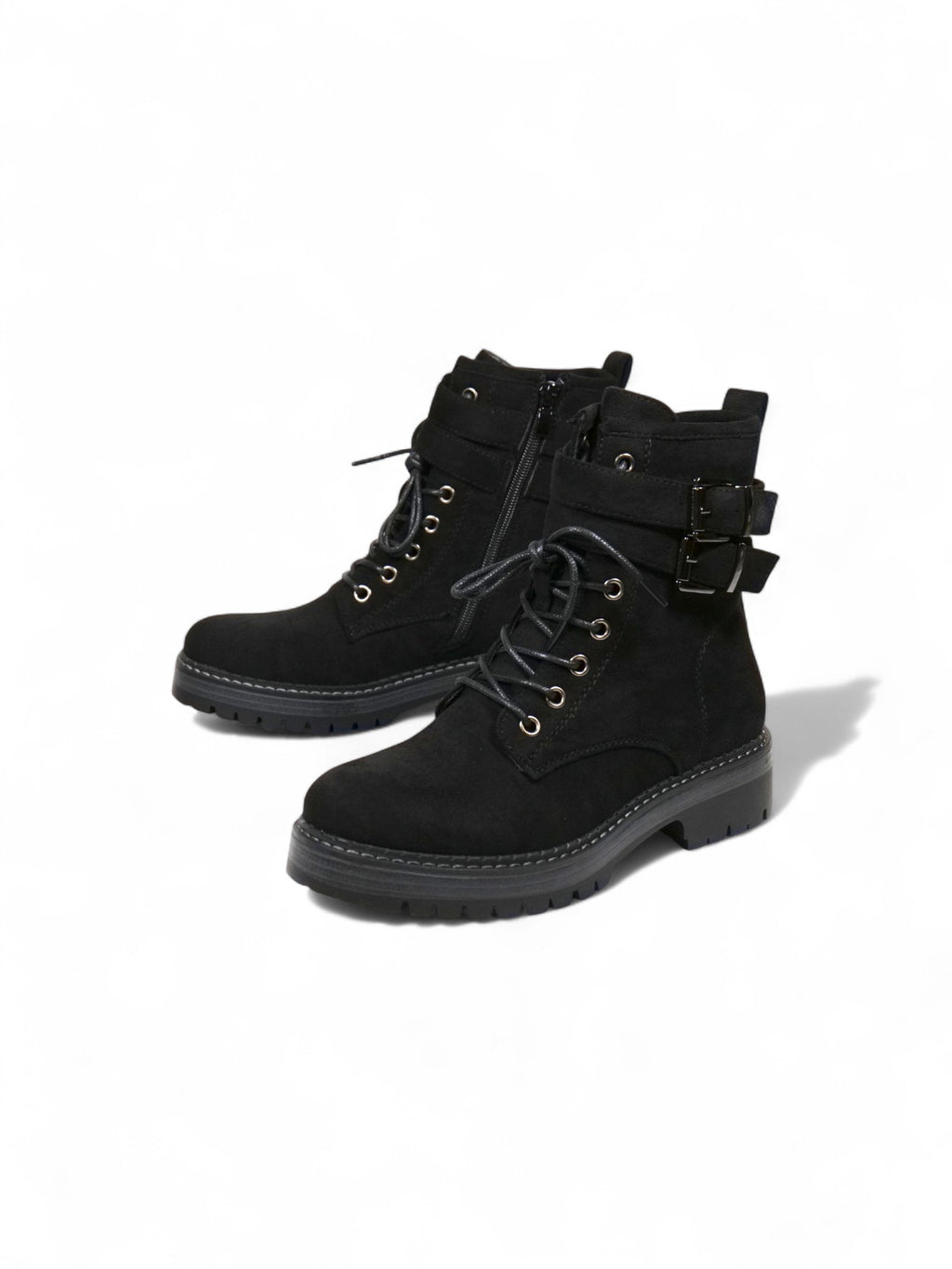 Botas combat de gamuza para mujer con cordones y doble hebilla – Botines militares modernos disponibles en negro y beige