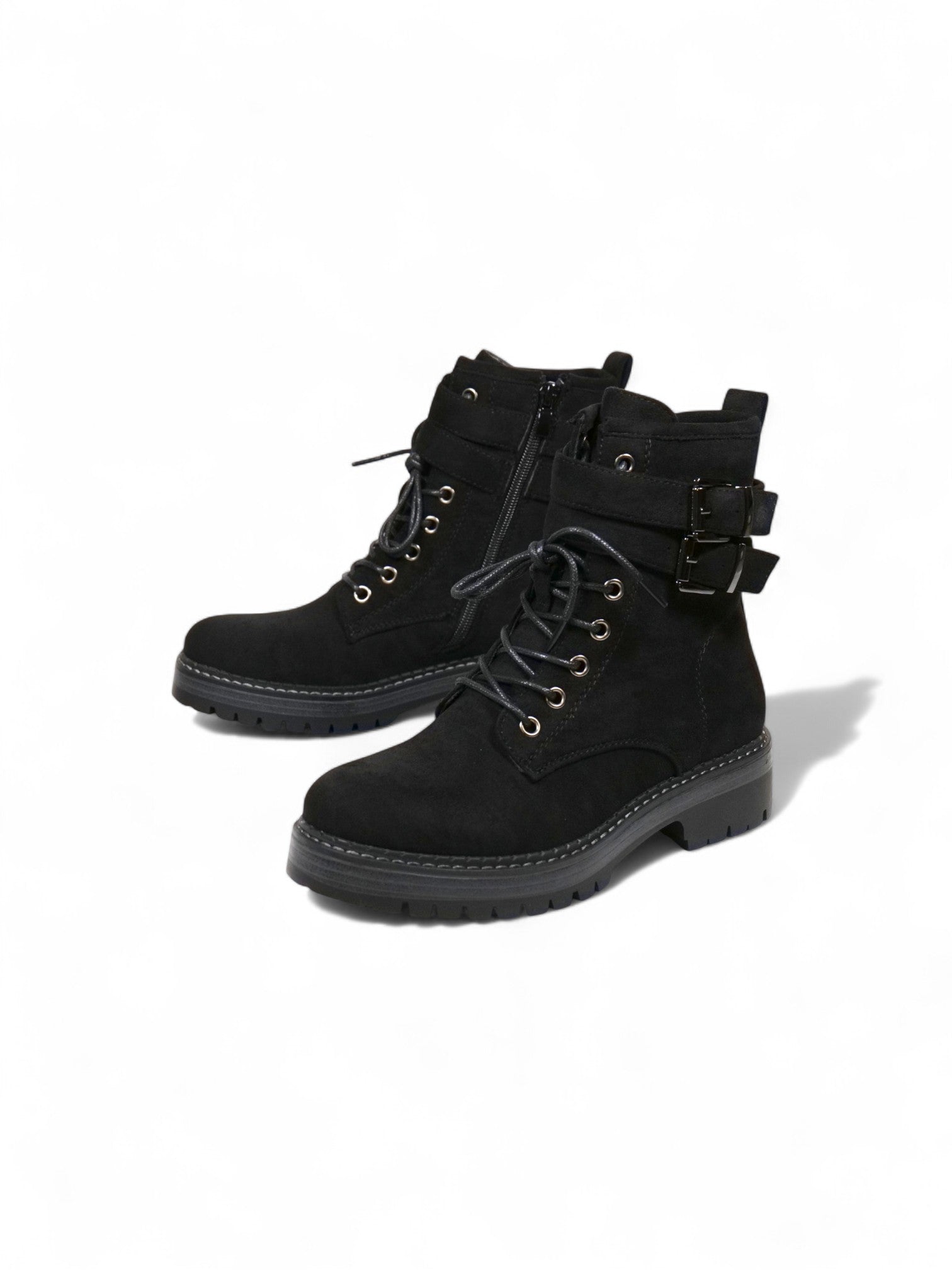 Botas combat de gamuza para mujer con cordones y doble hebilla – Botines militares modernos disponibles en negro y beige