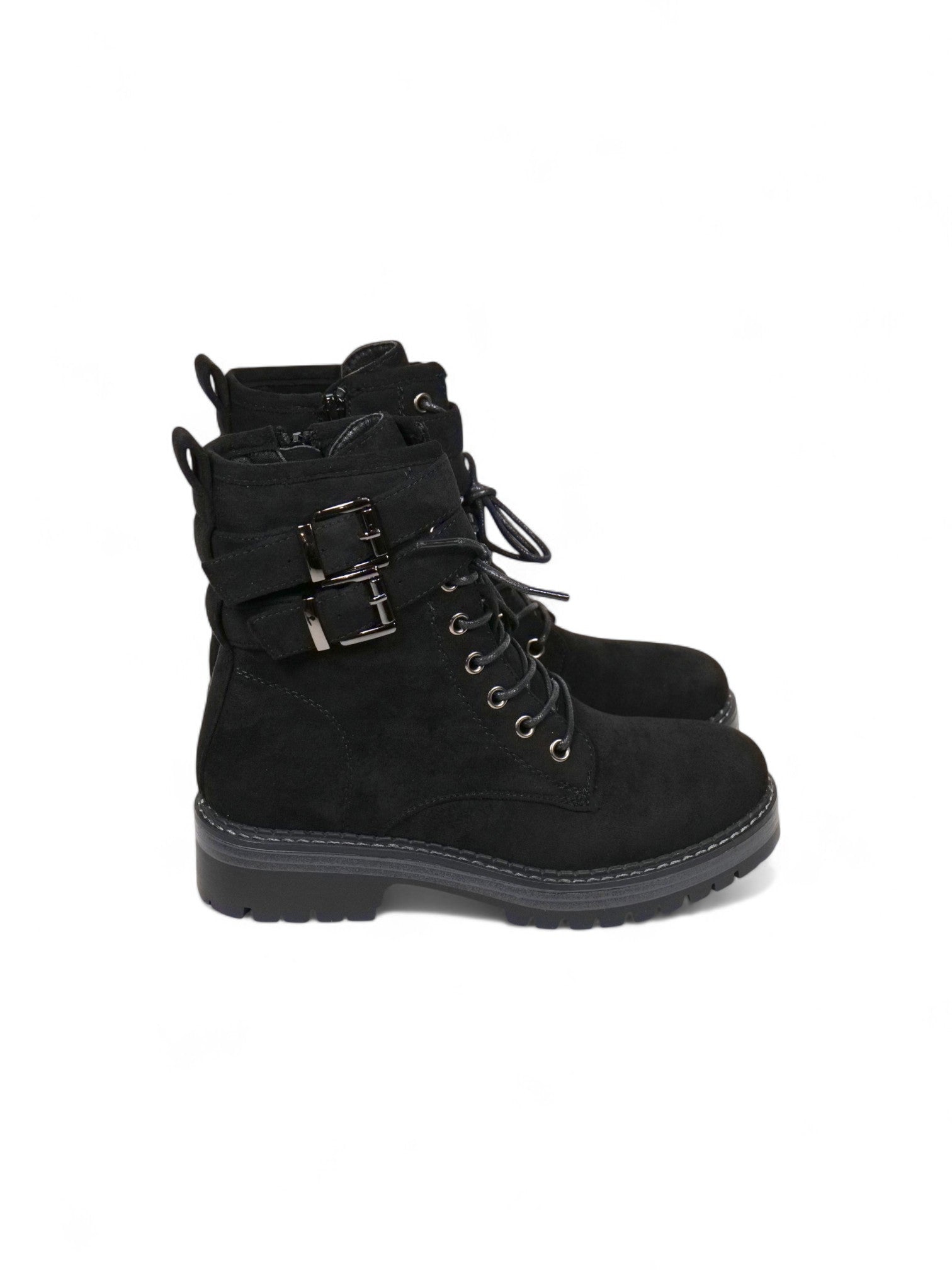 Botas combat de gamuza para mujer con cordones y doble hebilla – Botines militares modernos disponibles en negro y beige