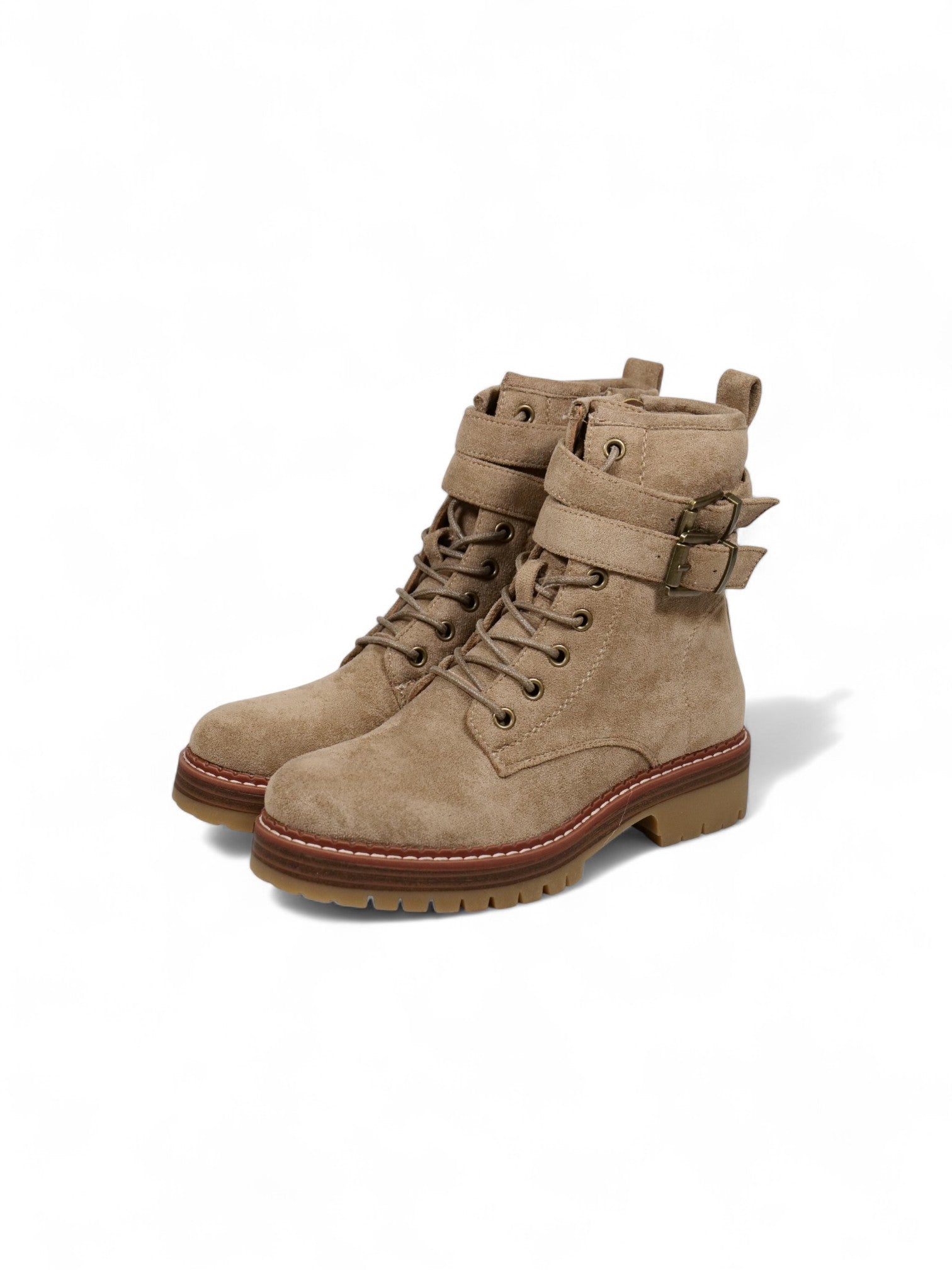 Botas combat de gamuza para mujer con cordones y doble hebilla – Botines militares modernos disponibles en negro y beige