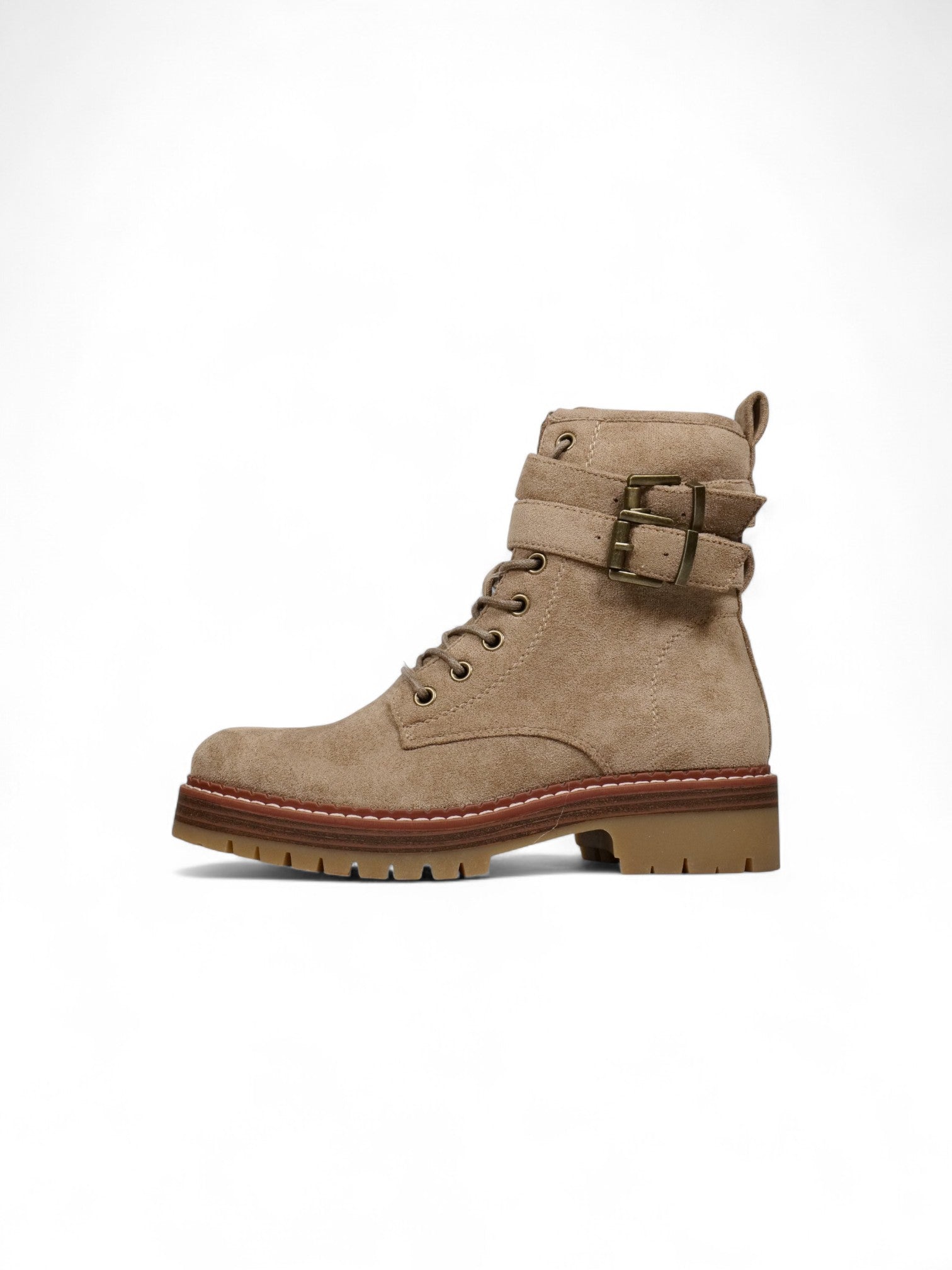 Botas combat de gamuza para mujer con cordones y doble hebilla – Botines militares modernos disponibles en negro y beige