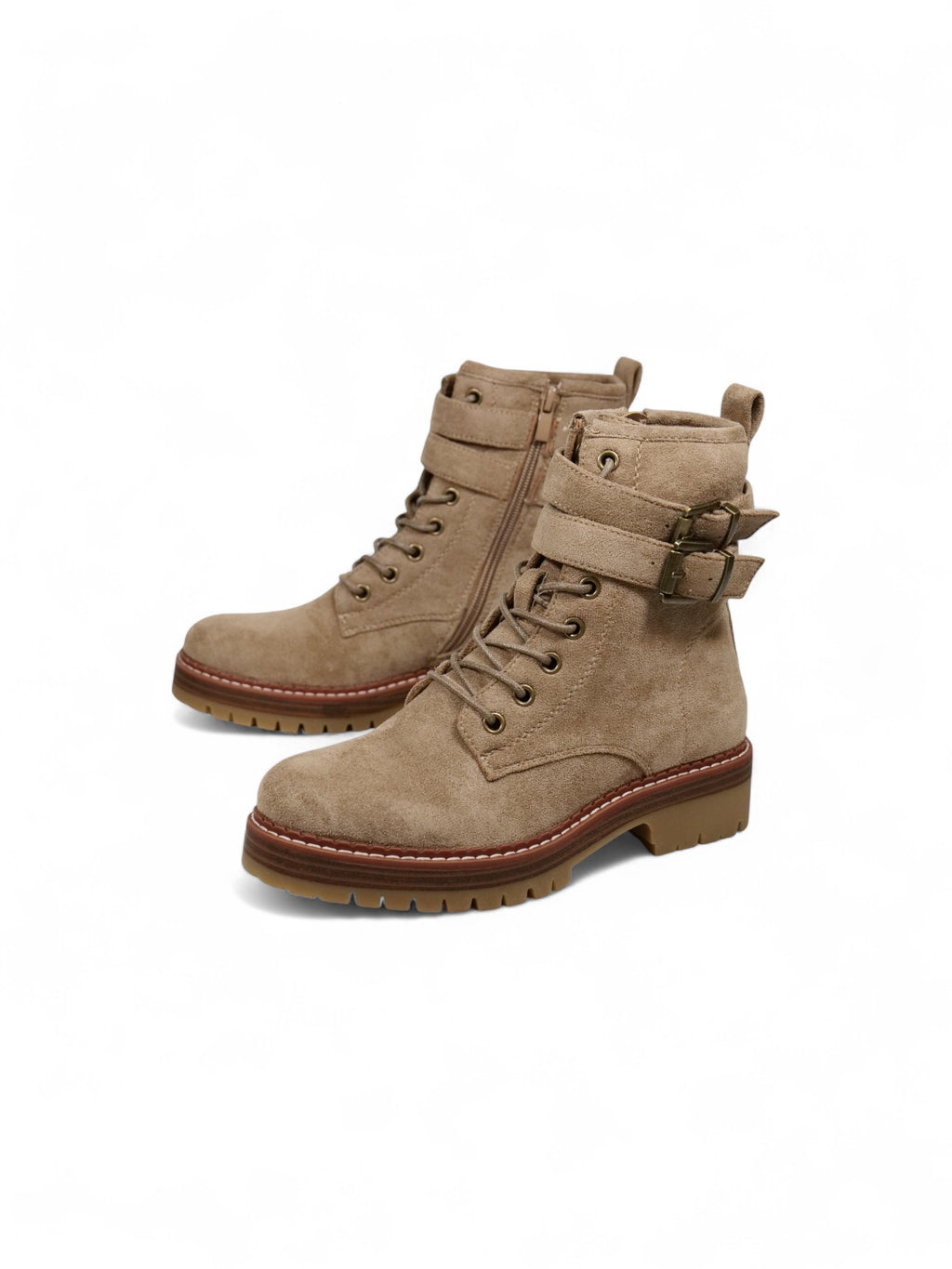 Botas combat de gamuza para mujer con cordones y doble hebilla – Botines militares modernos disponibles en negro y beige