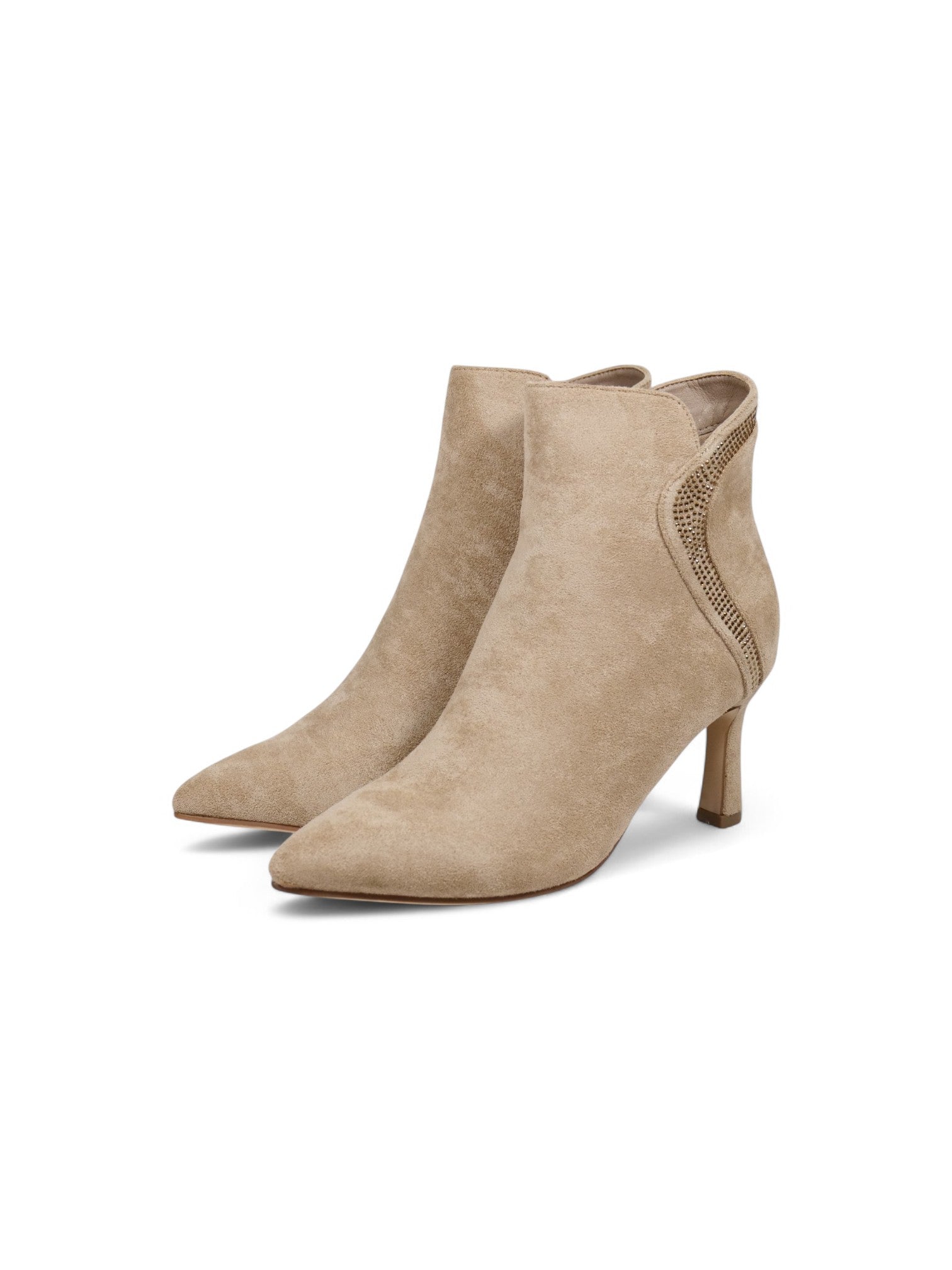 Botines de gamuza para mujer con tacón fino y aplicaciones brillantes – Botas elegantes de punta fina en beige