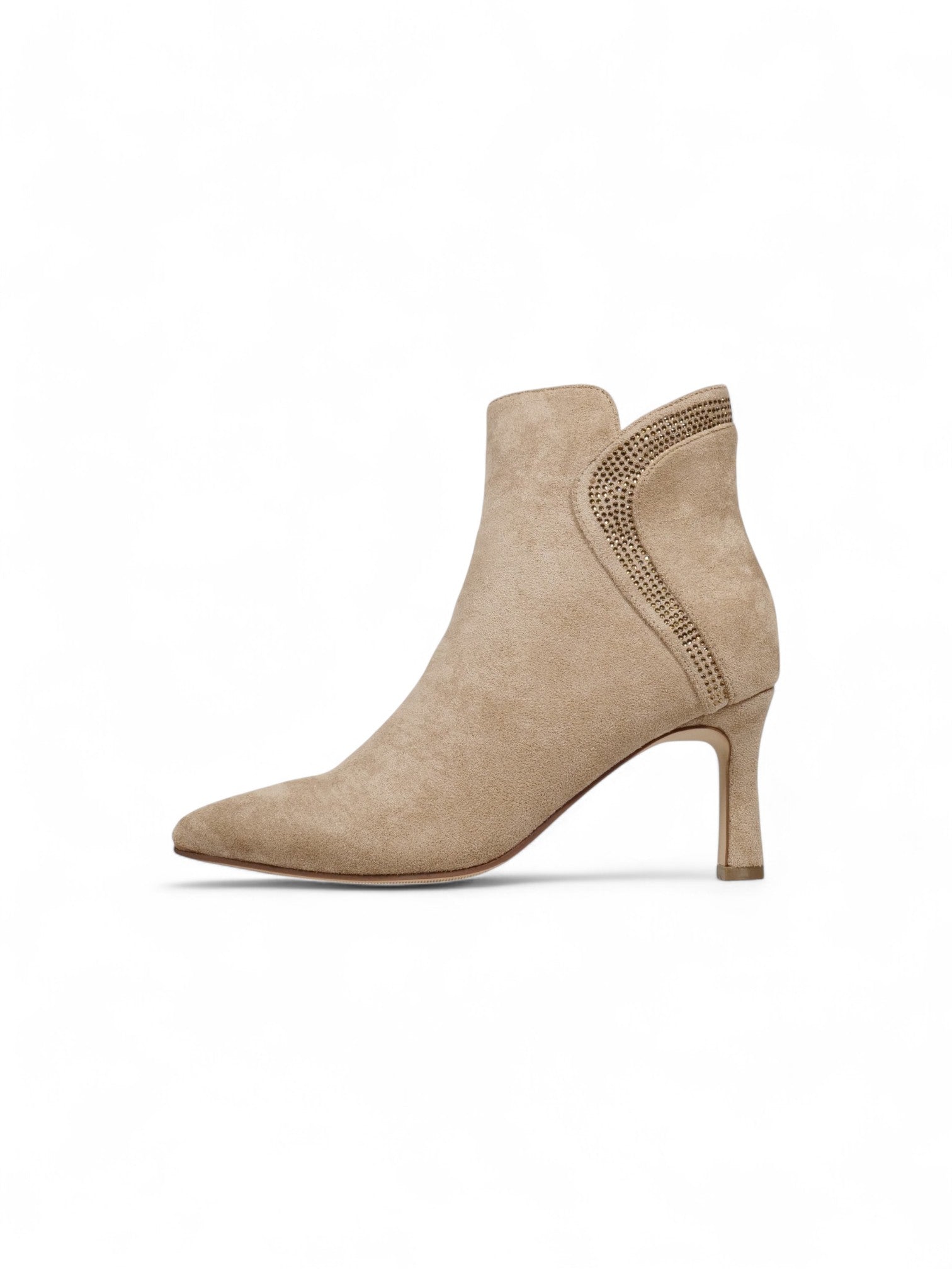 Botines de gamuza para mujer con tacón fino y aplicaciones brillantes – Botas elegantes de punta fina en beige
