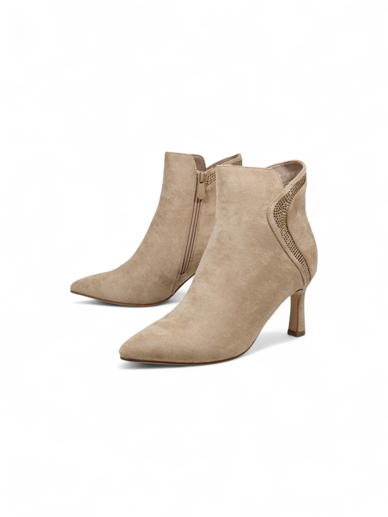 Botines de gamuza para mujer con tacón fino y aplicaciones brillantes – Botas elegantes de punta fina en beige