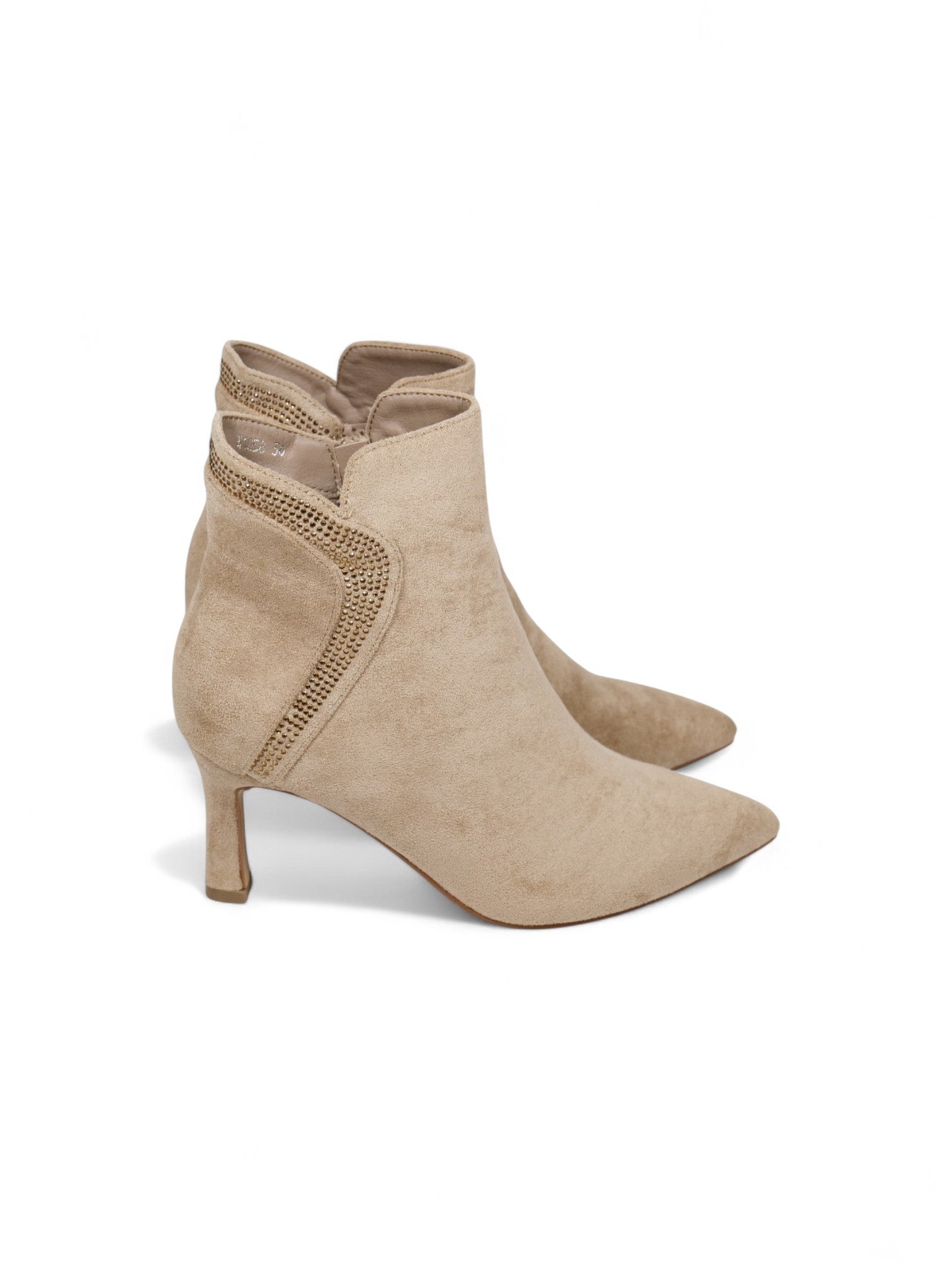 Botines de gamuza para mujer con tacón fino y aplicaciones brillantes – Botas elegantes de punta fina en beige