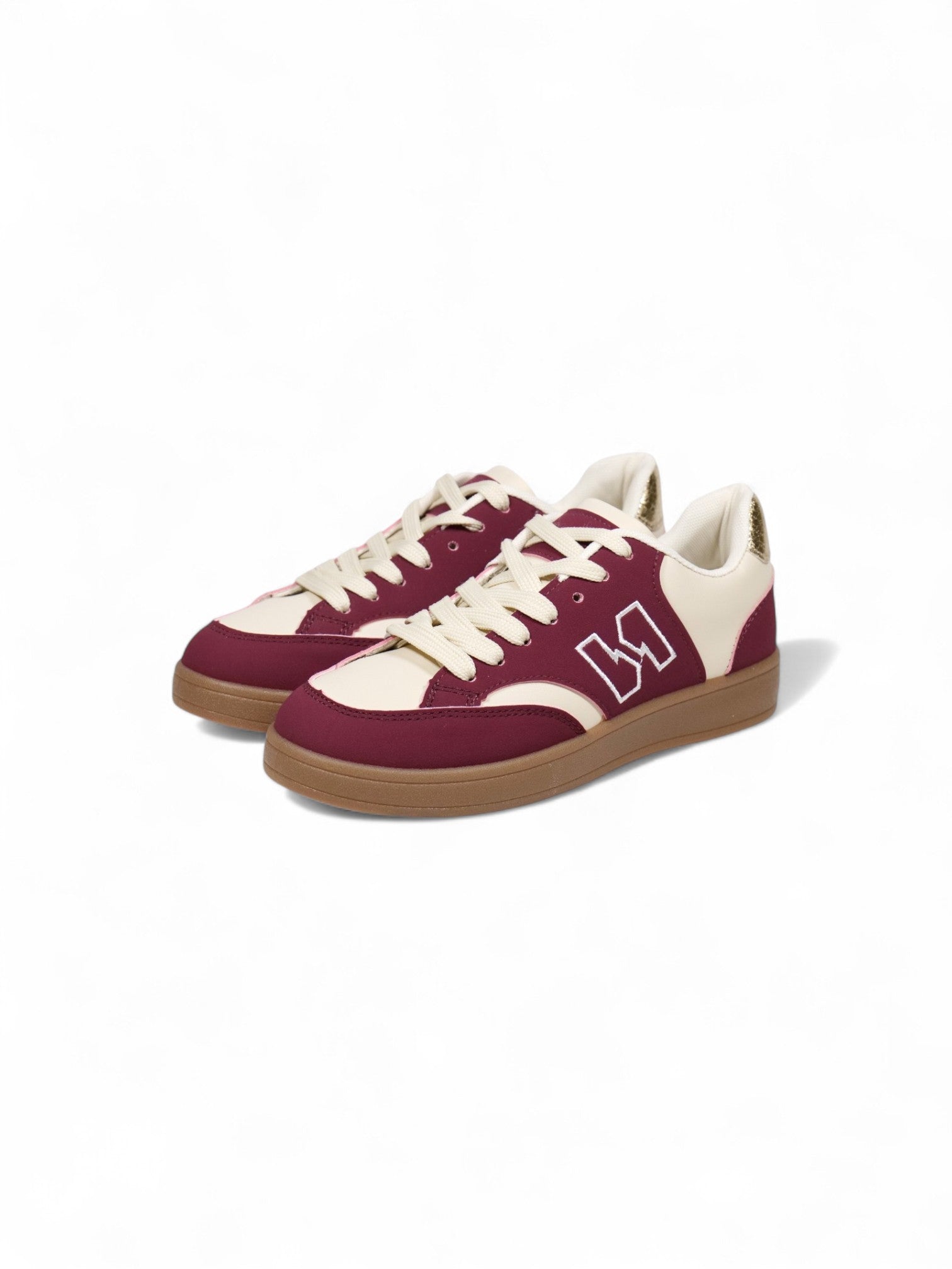 Zapatillas deportivas retro para mujer con suela de goma y logo lateral – Sneakers urbanas en burdeos, negro y beige