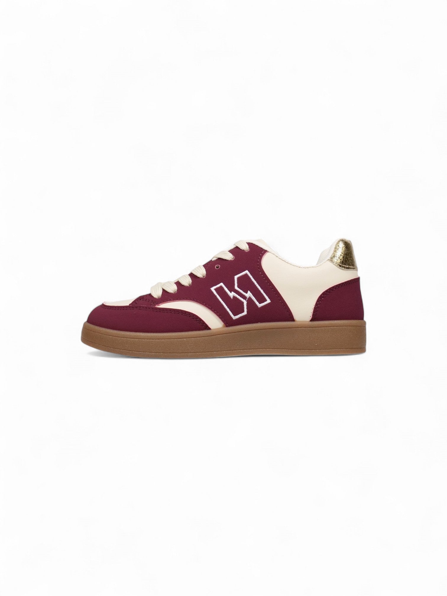 Zapatillas deportivas retro para mujer con suela de goma y logo lateral – Sneakers urbanas en burdeos, negro y beige