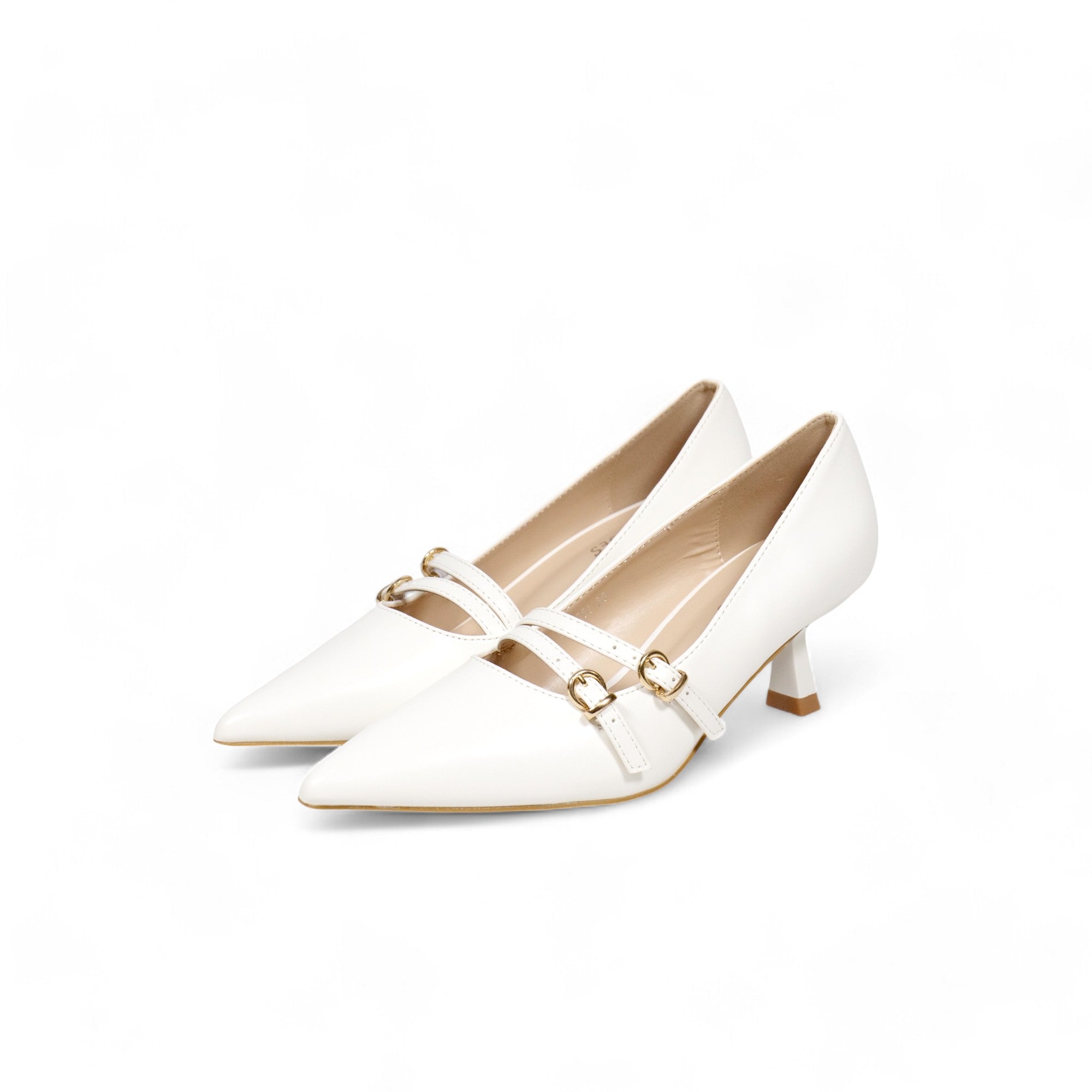 Zapatos tacón bajo medio punta fina y doble correa con hebilla dorada