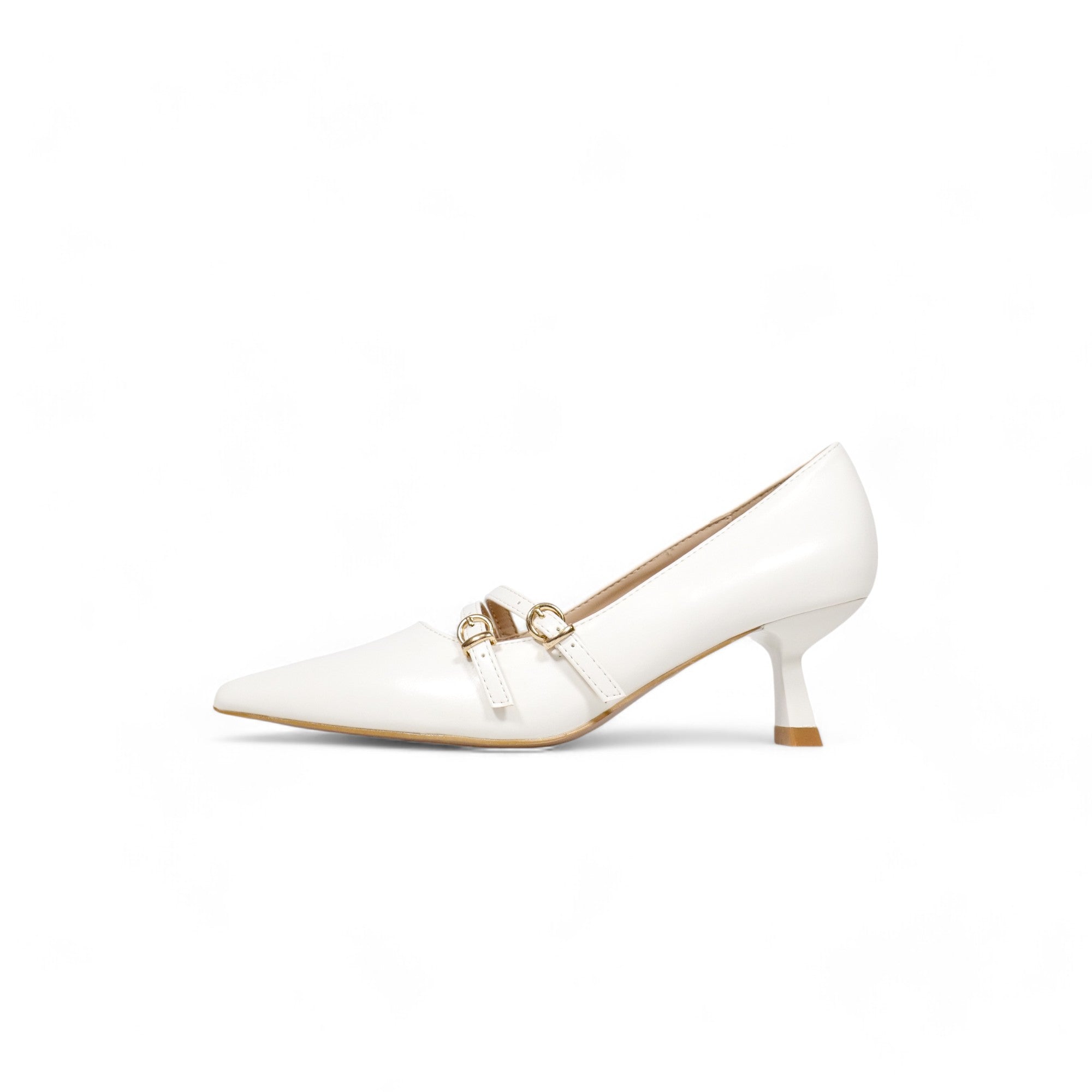 Zapatos tacón bajo medio punta fina y doble correa con hebilla dorada