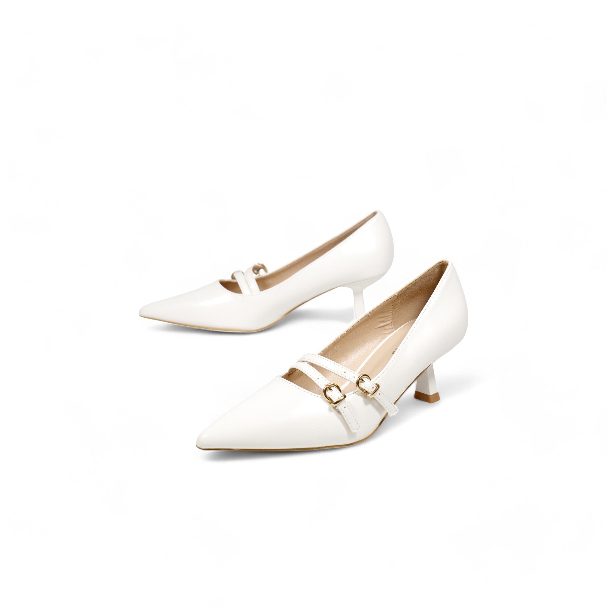 Zapatos tacón bajo medio punta fina y doble correa con hebilla dorada