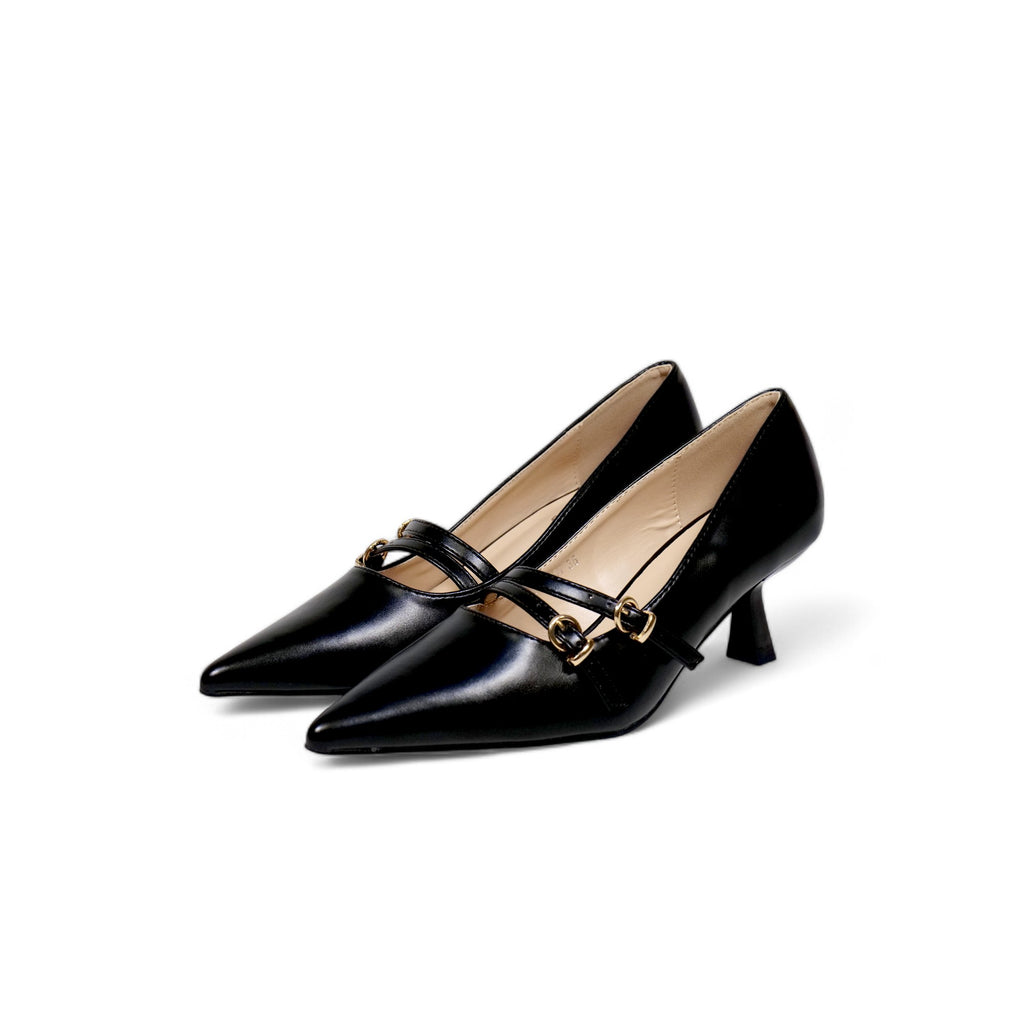 Zapatos tacón bajo medio punta fina y doble correa con hebilla dorada