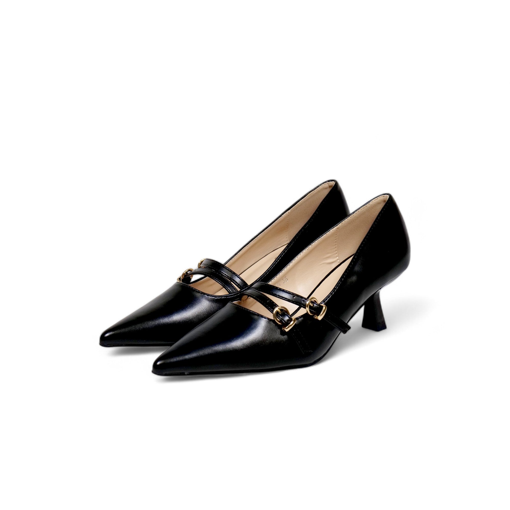 Zapatos tacón bajo medio punta fina y doble correa con hebilla dorada