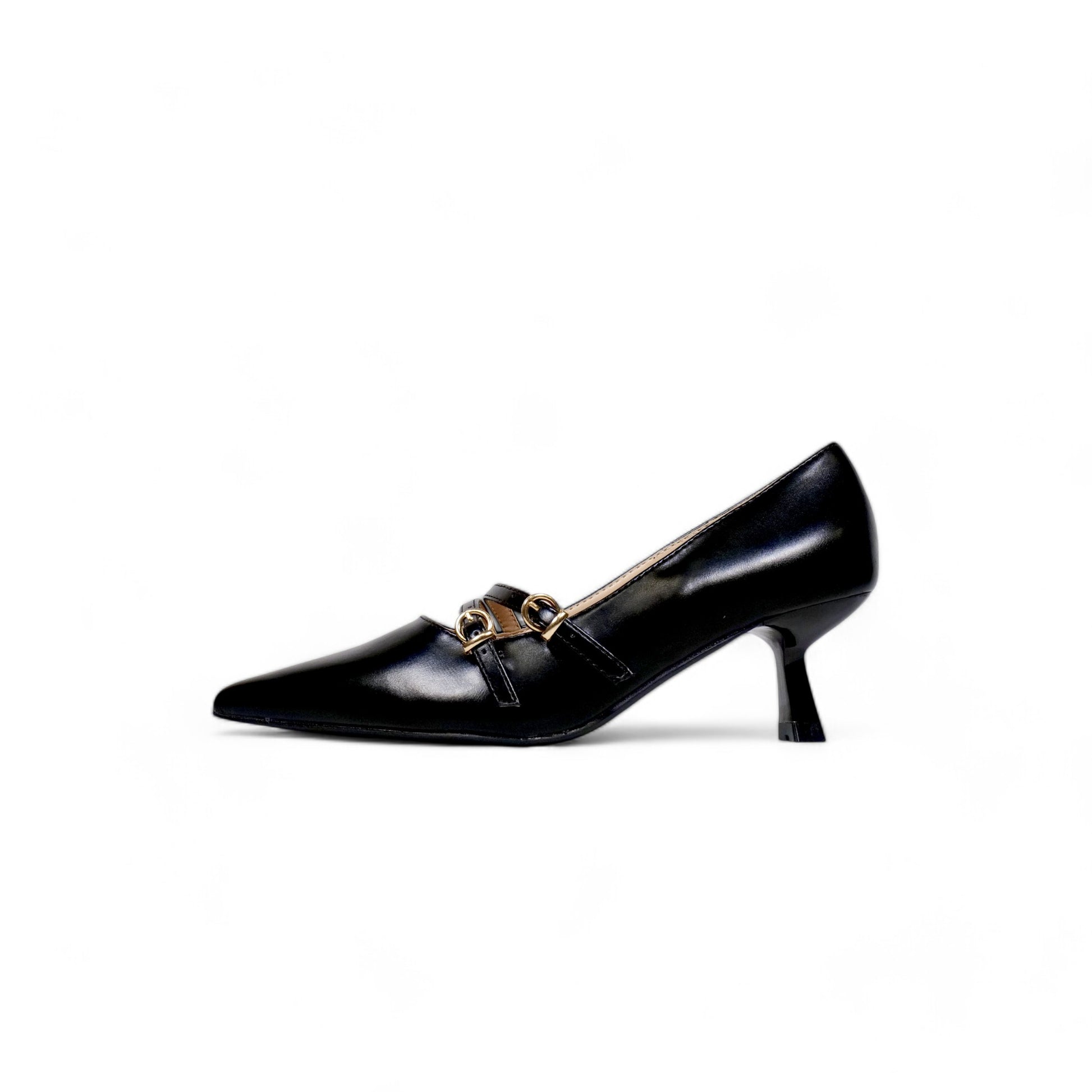 Zapatos tacón bajo medio punta fina y doble correa con hebilla dorada
